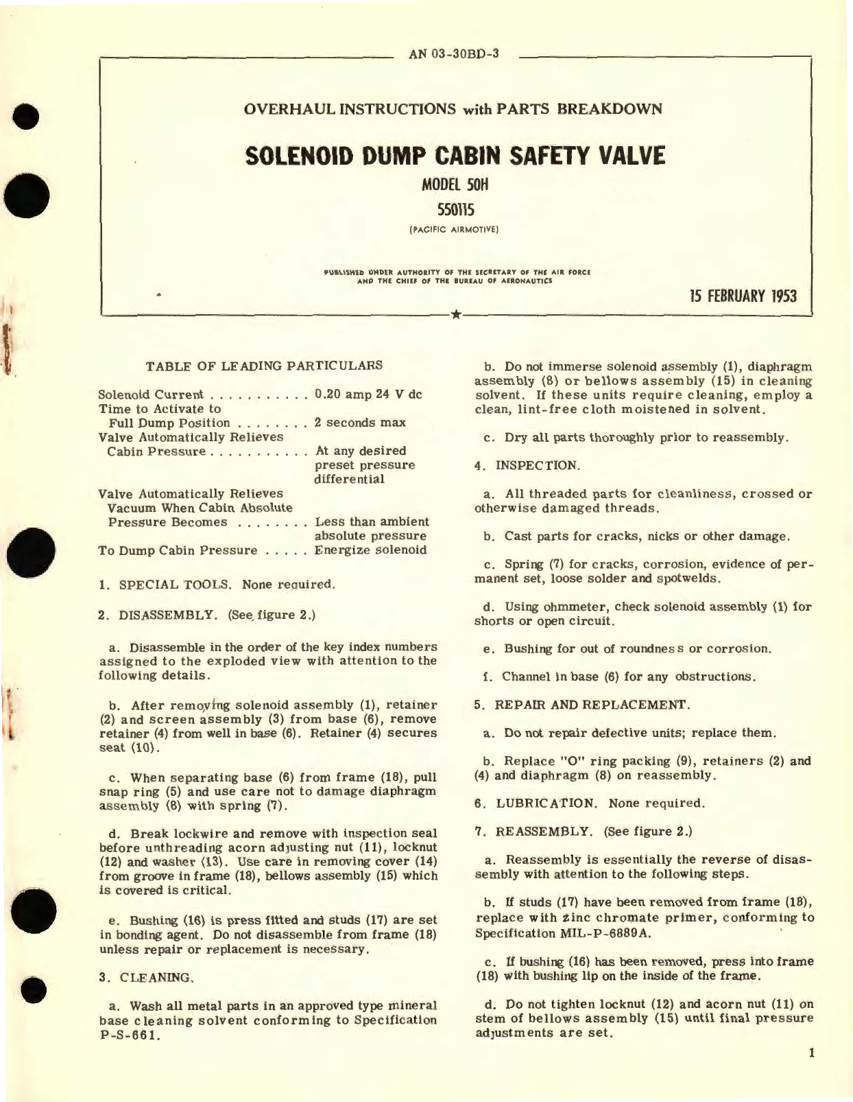 Sample page 1 from AirCorps Library document: Overhaul Instructions with Parts Breakdown for Solenoid Dump Cabin Safety Valve Model 50H Part No. 550115 