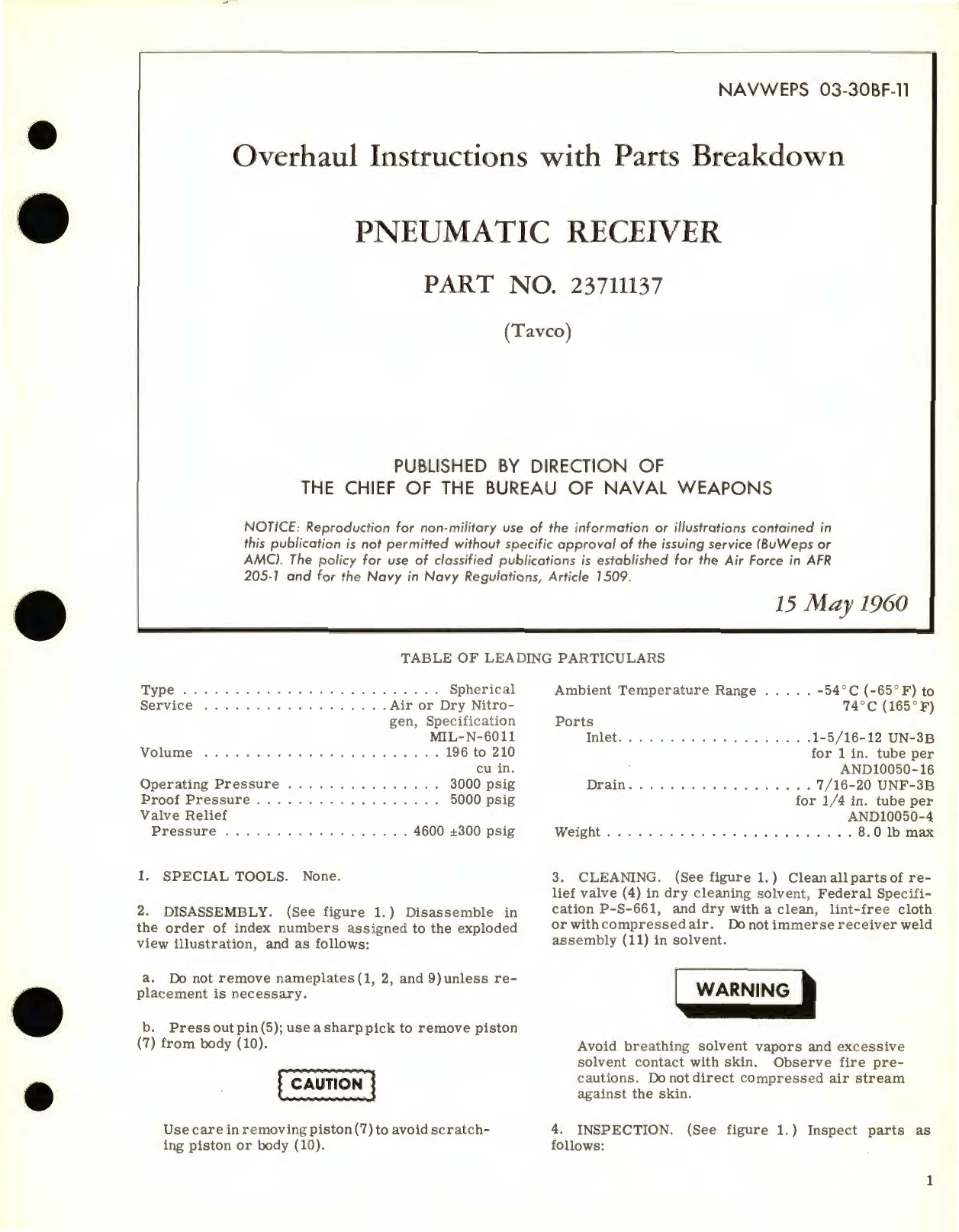 Sample page 1 from AirCorps Library document: Overhaul Instructions with Parts Breakdown for Pneumatic Receiver Part No. 23711137 