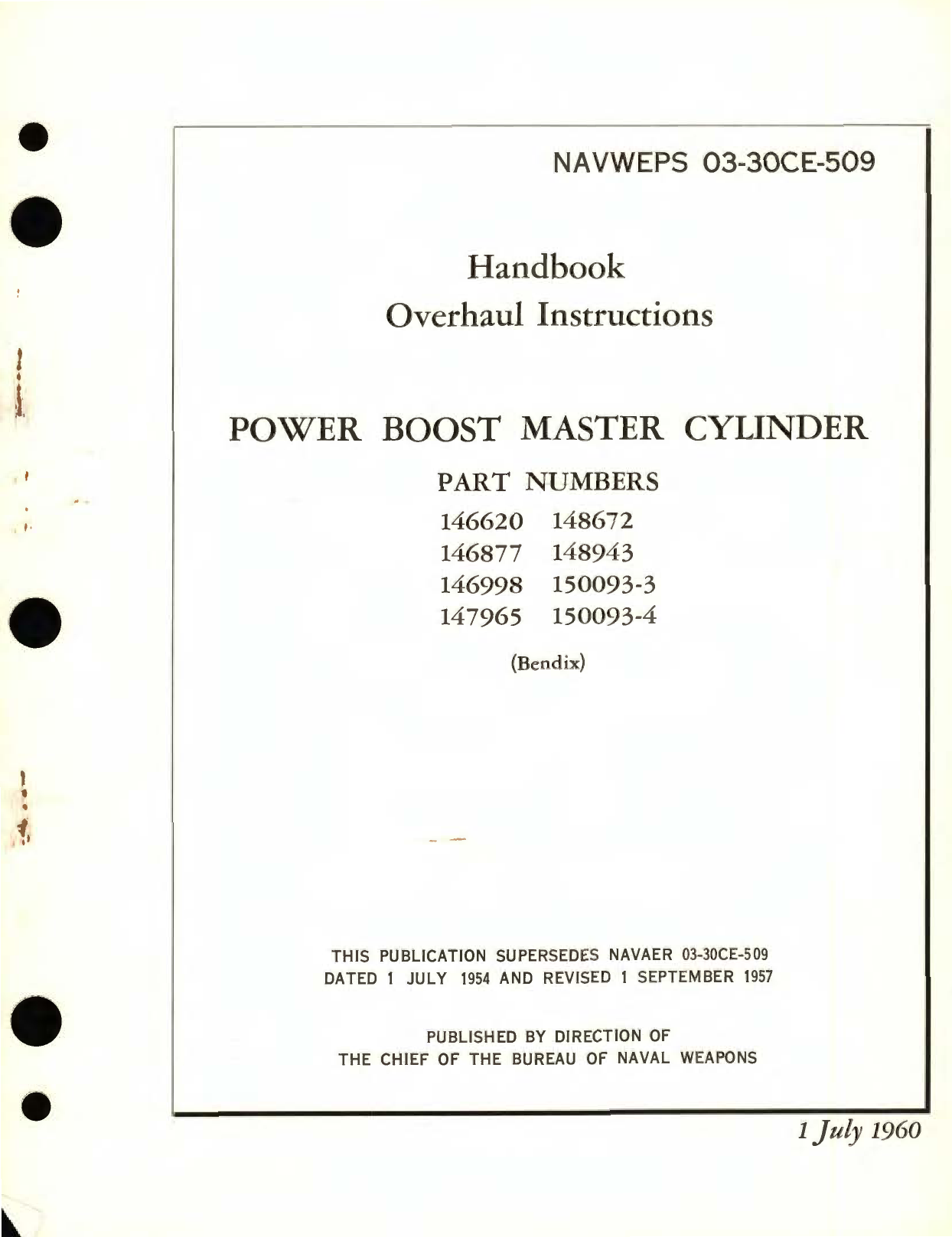 Sample page 1 from AirCorps Library document: Overhaul Instructions for Power Boost Master Cylinder Part No.146620, 146877, 146998, 147965 