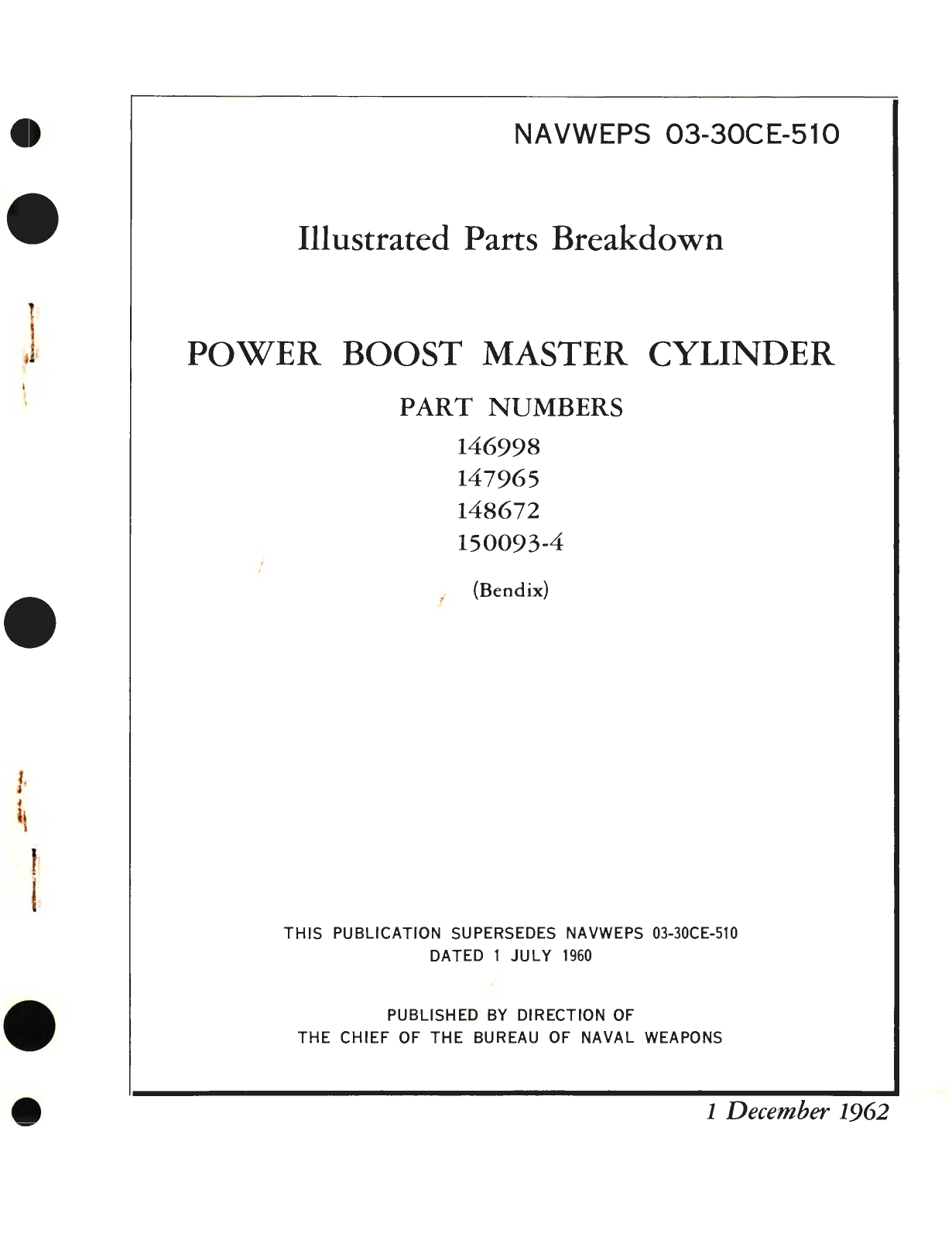 Sample page 1 from AirCorps Library document: Illustrated Parts Breakdown for Power Boost Master Cylinder Part No. 146998, 147965, 148672, 150093 