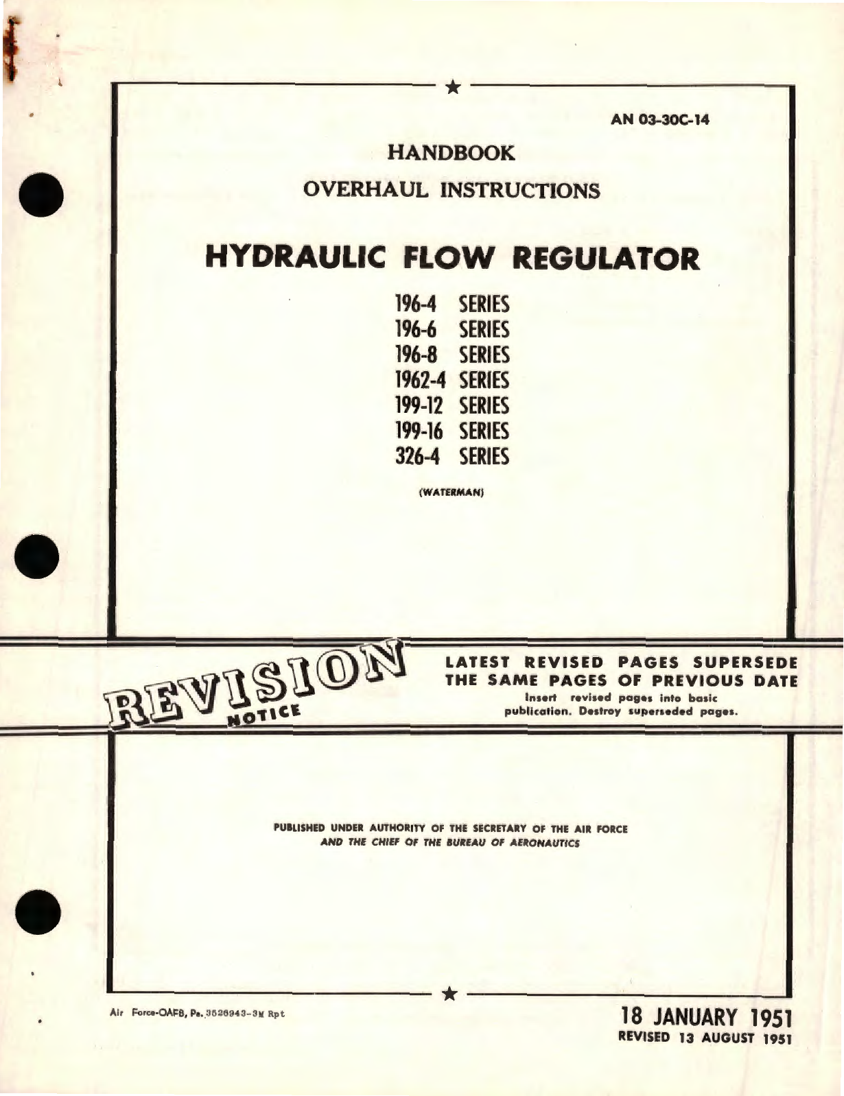 Sample page 1 from AirCorps Library document:  Overhaul Instructions for Hydraulic Flow Regulator 196, 1962, 199, 326 Series 