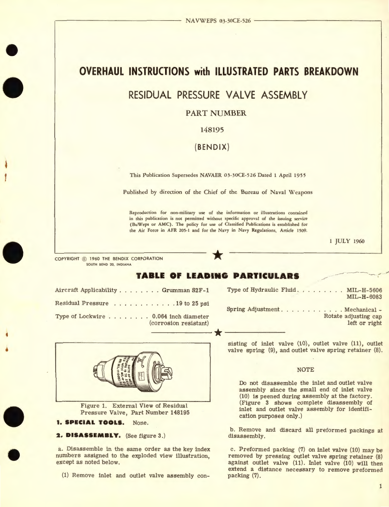 Sample page 1 from AirCorps Library document: Overhaul Instructions with Illustrated Parts Breakdown for Residual Pressure Valve Assembly Part No. 148195 