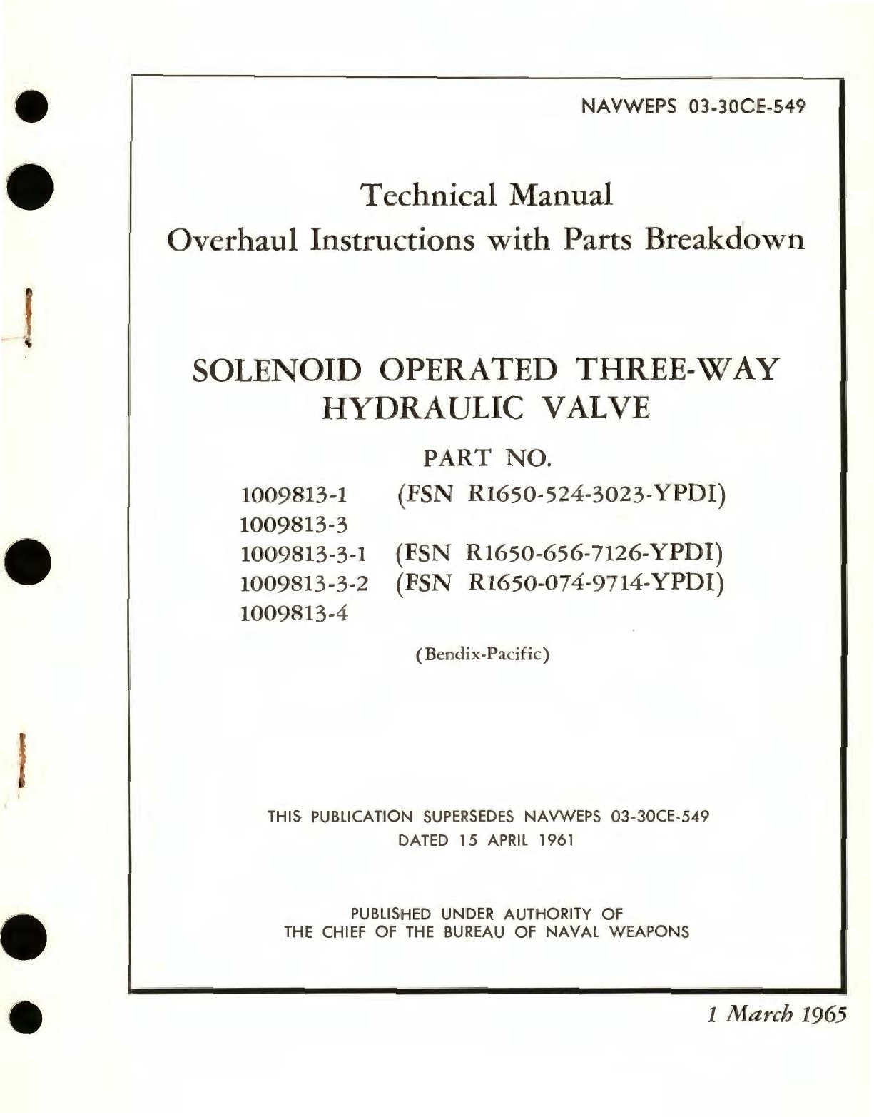 Sample page 1 from AirCorps Library document: Overhaul Instructions with Parts Breakdown for Solenoid Operated Three-Way Hydraulic Valve Part No. 1009813