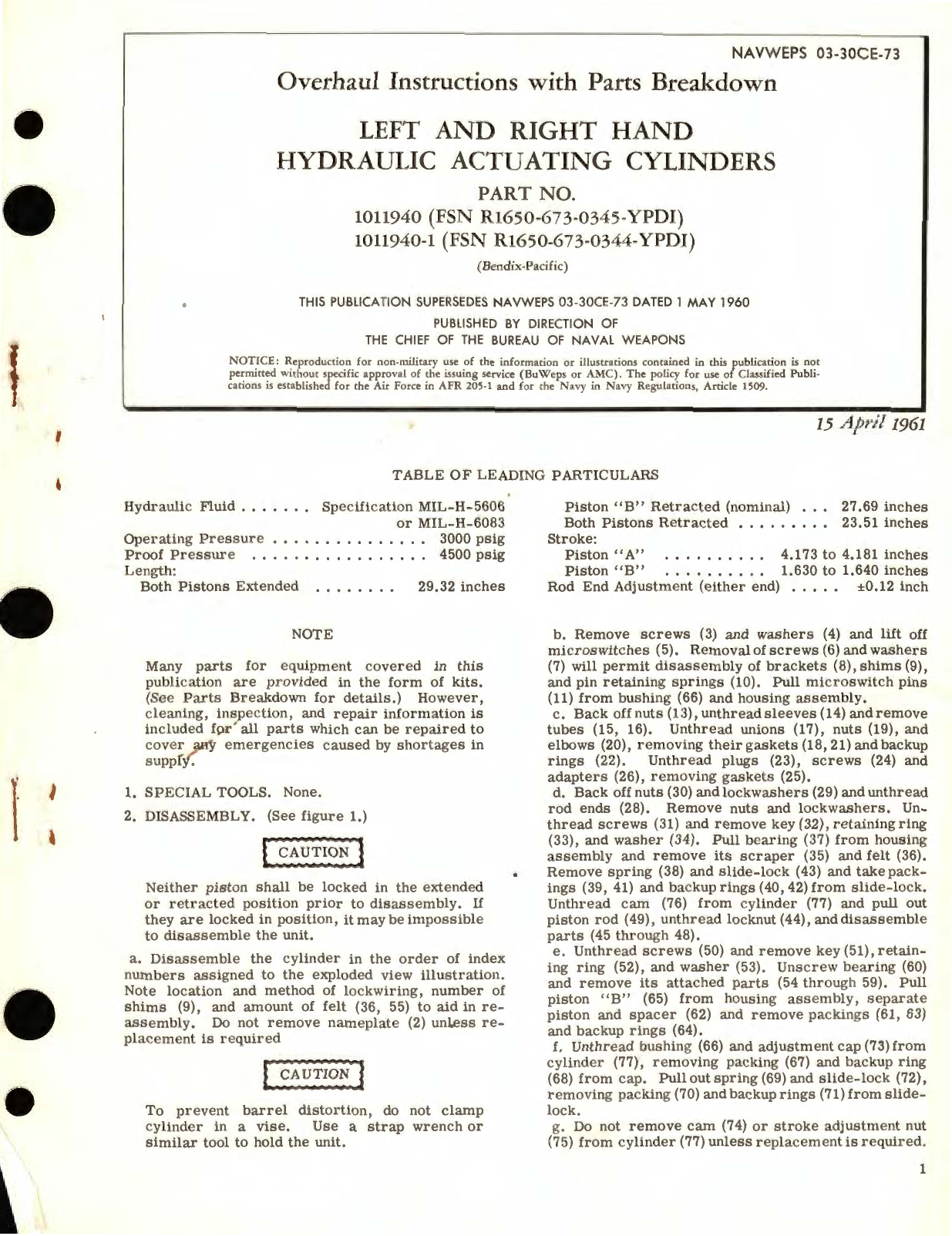 Sample page 1 from AirCorps Library document: Overhaul Instructions with Parts Breakdown for Left and Right Hand Hydraulic Actuating Cylinders Part No. 1011940 