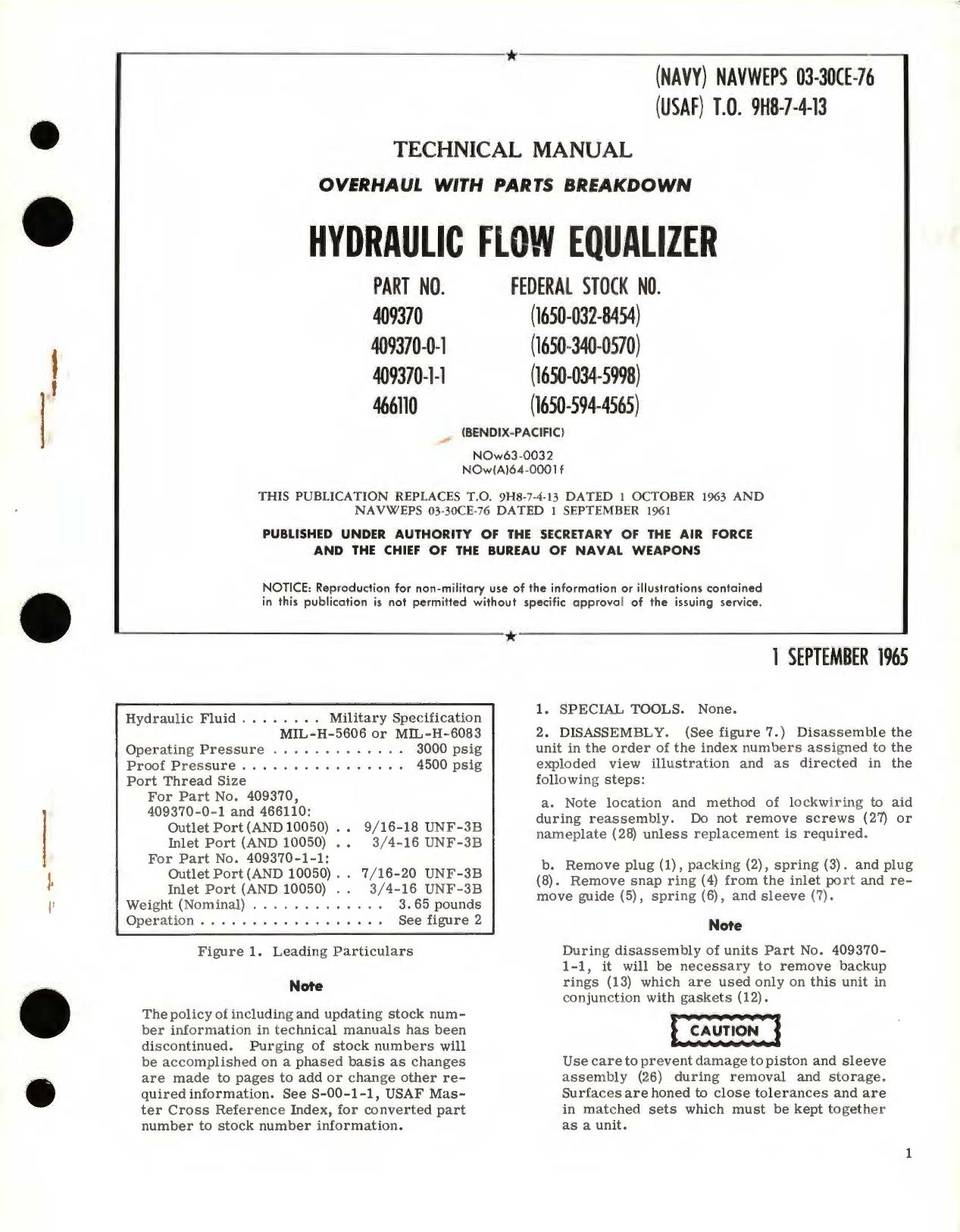 Sample page 1 from AirCorps Library document: Overhaul Instructions with Parts Breakdown for Hydraulic Flow Equalizer Part No. 409370, 466110