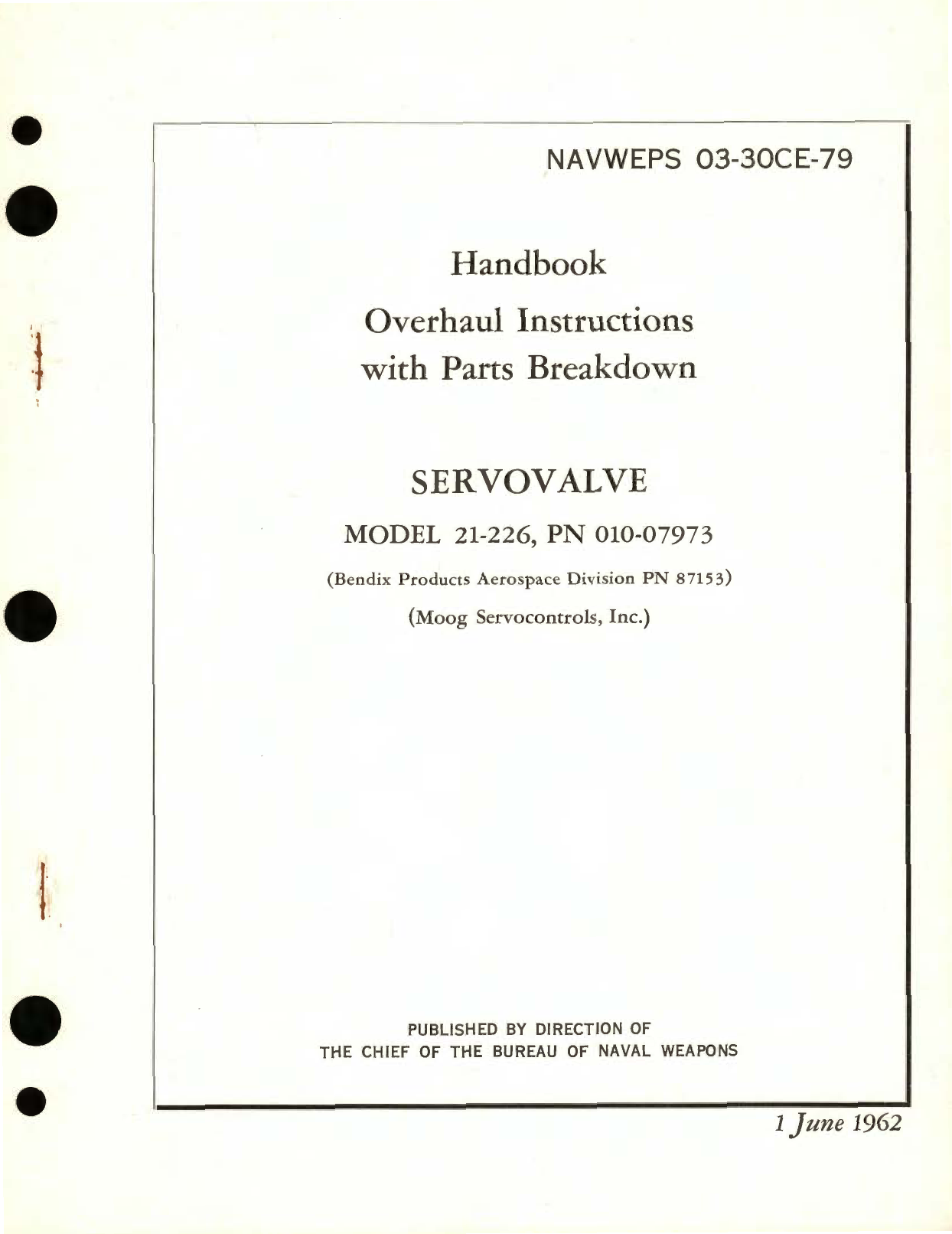 Sample page 1 from AirCorps Library document: Overhaul Instructions with Parts Breakdown for Servovalve Model 21-226, Part No. 010-07973 (Bendix Part No. 87153)