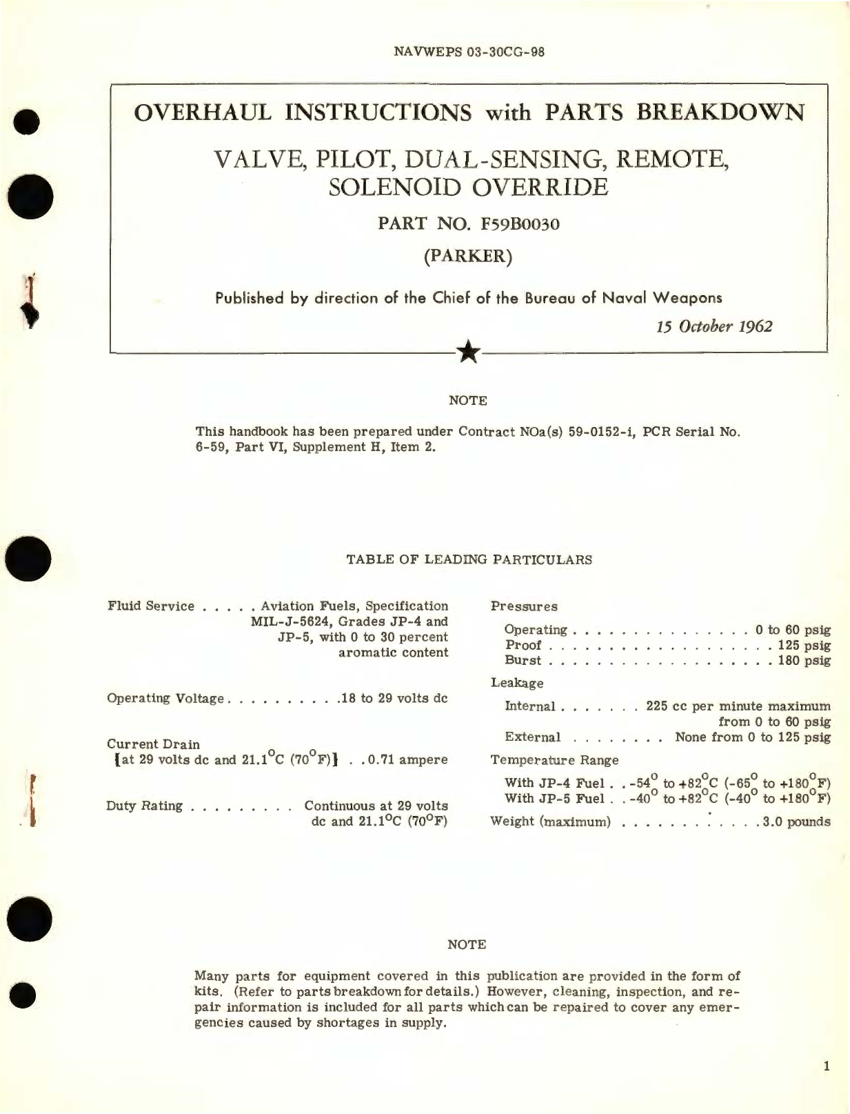 Sample page 1 from AirCorps Library document: Overhaul Instructions with Parts Breakdown for Valve, Pilot, Dual-Sensing, Remote, Solenoid Override Part No. F59B0030