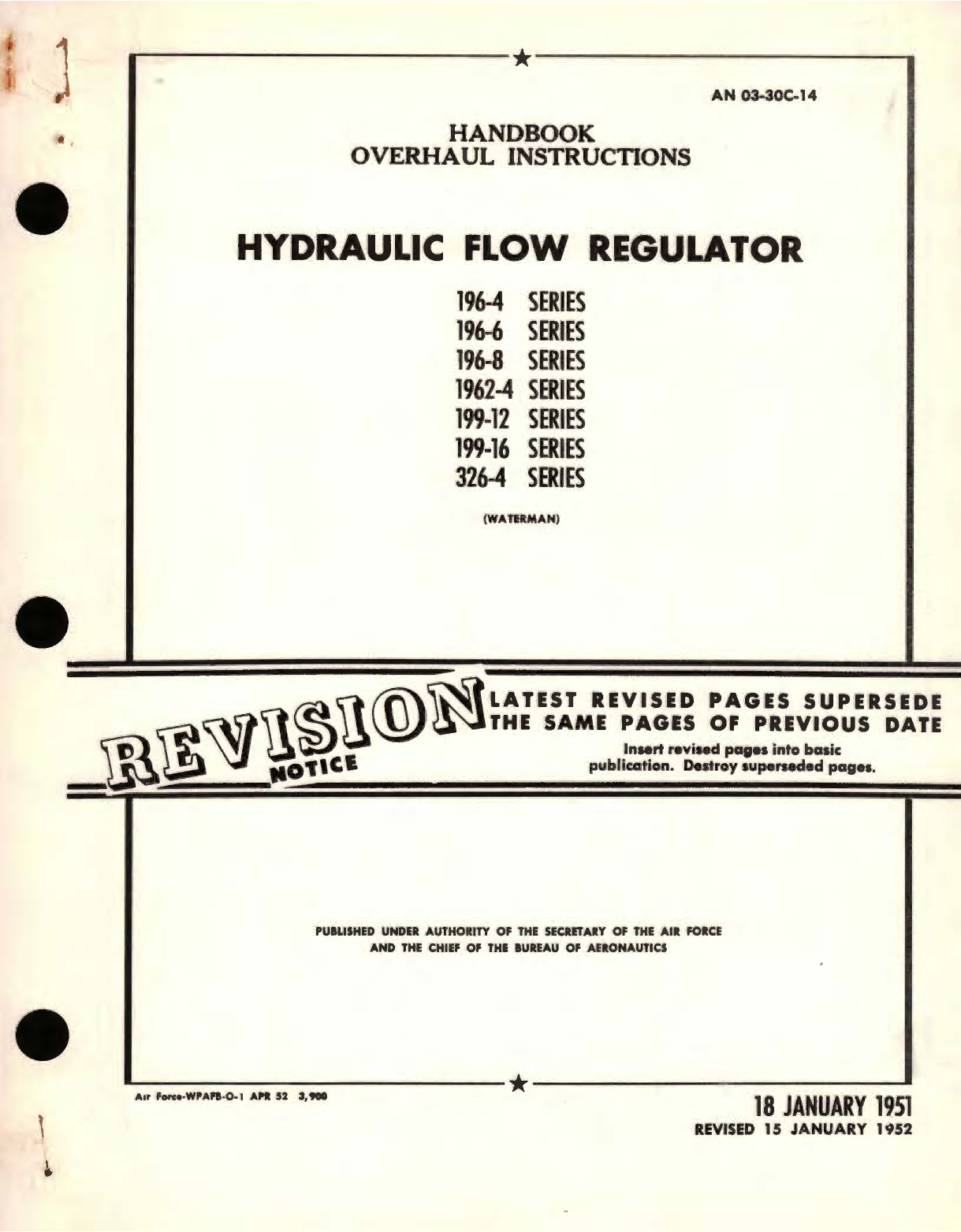 Sample page 1 from AirCorps Library document: Overhaul Instructions for Hydraulic Flow Regulator 196, 1962, 199, 326 Series