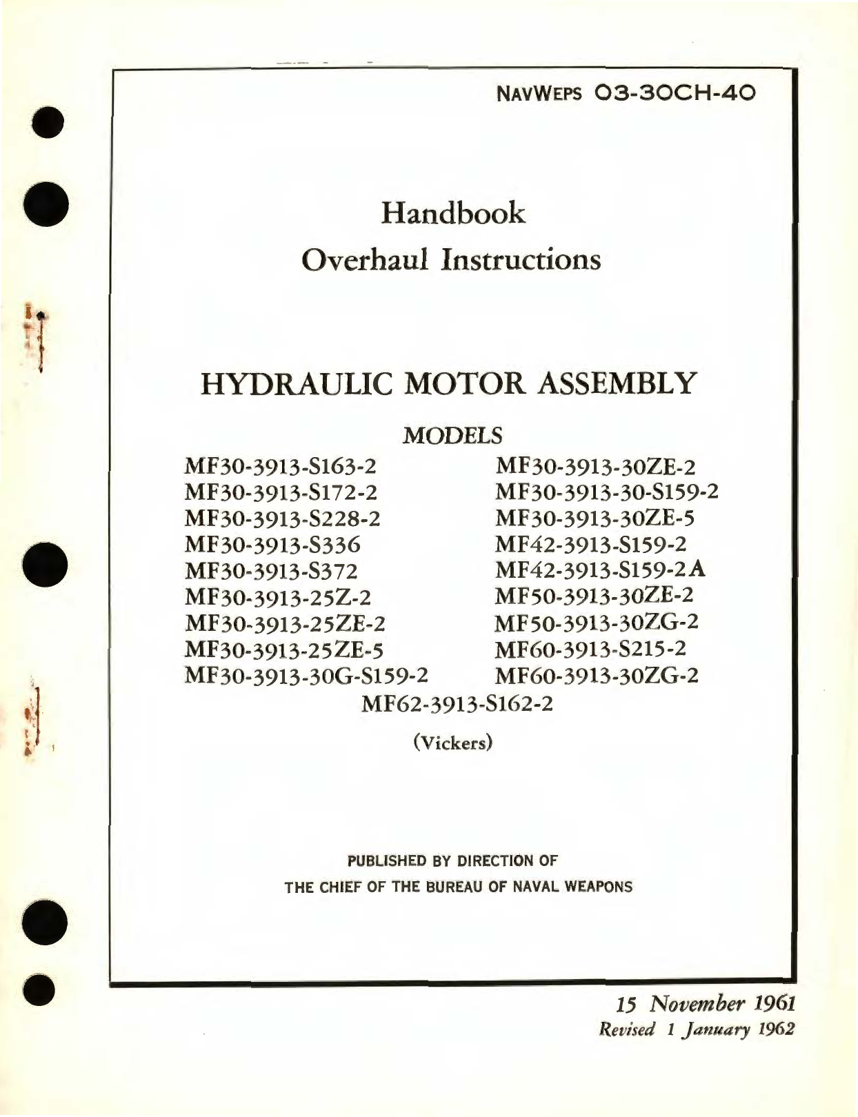 Sample page 1 from AirCorps Library document: Overhaul Instructions for Hydraulic Motor Assembly Models MF30, MF42, MF50, MF60, MF62 