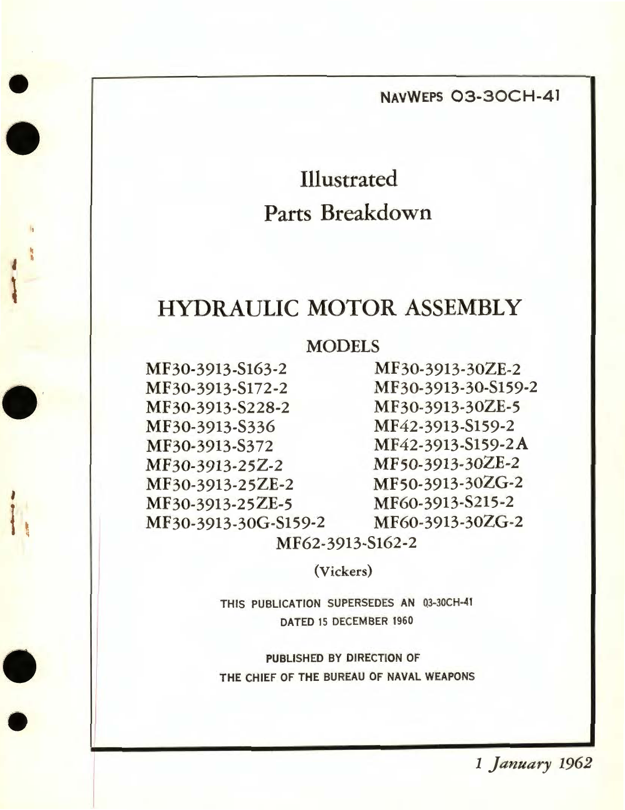 Sample page 1 from AirCorps Library document: Illustrated Parts Breakdown for Hydraulic Motor Assembly Models MF30, MF42, MF50, MF60, MF62 