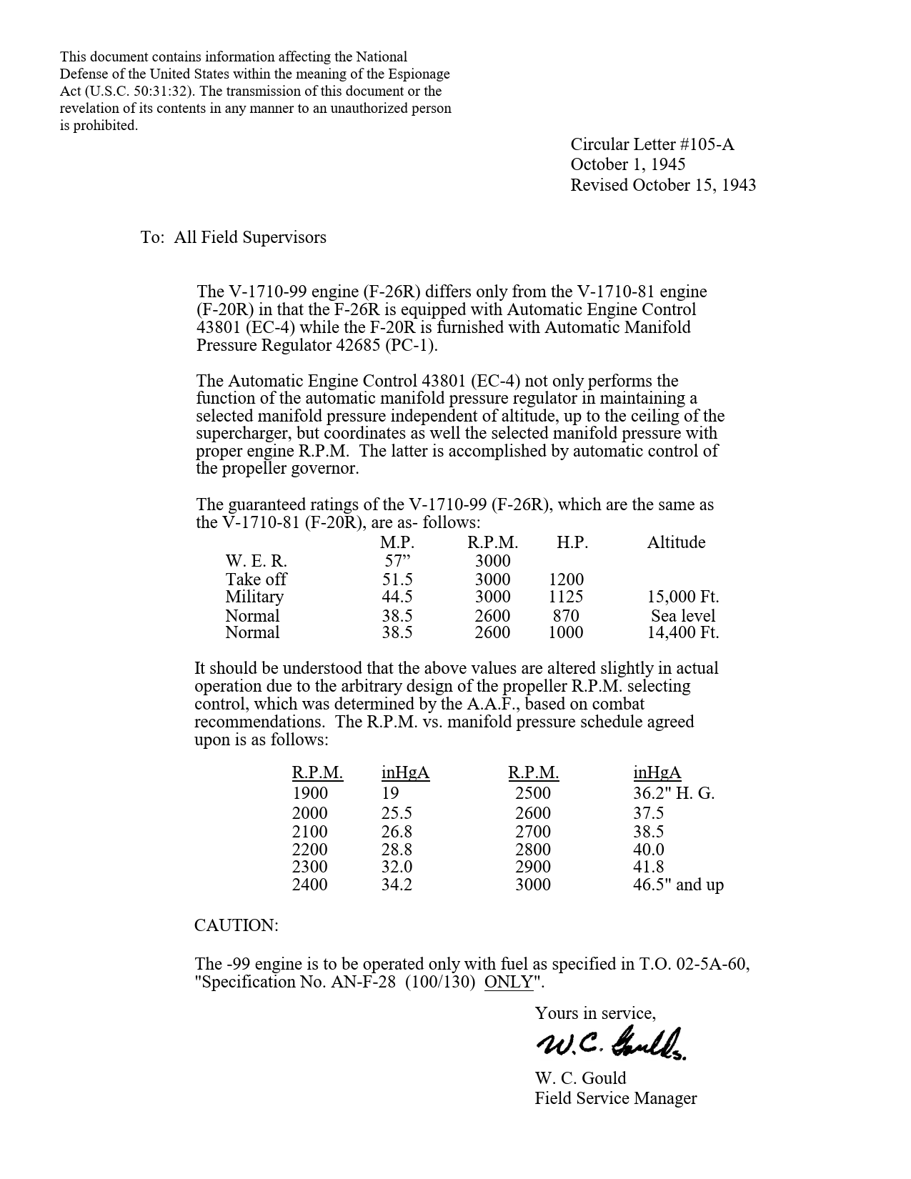 Sample page 1 from AirCorps Library document: Information on the V-1710-99 (F26R)