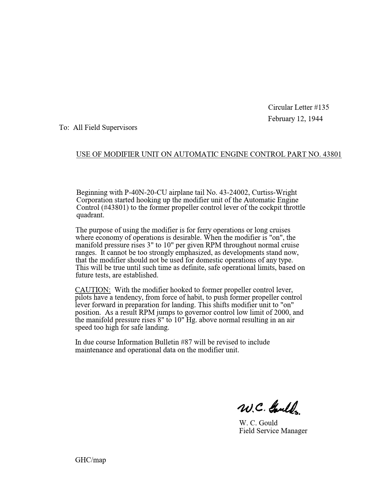 Sample page 1 from AirCorps Library document: Use of Modifier Unit on Automatic Engine Control Part 43801