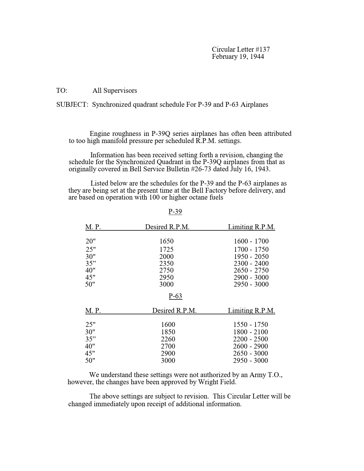 Sample page 1 from AirCorps Library document: Synchronized Quadrant Schedule for P-39 and P-63