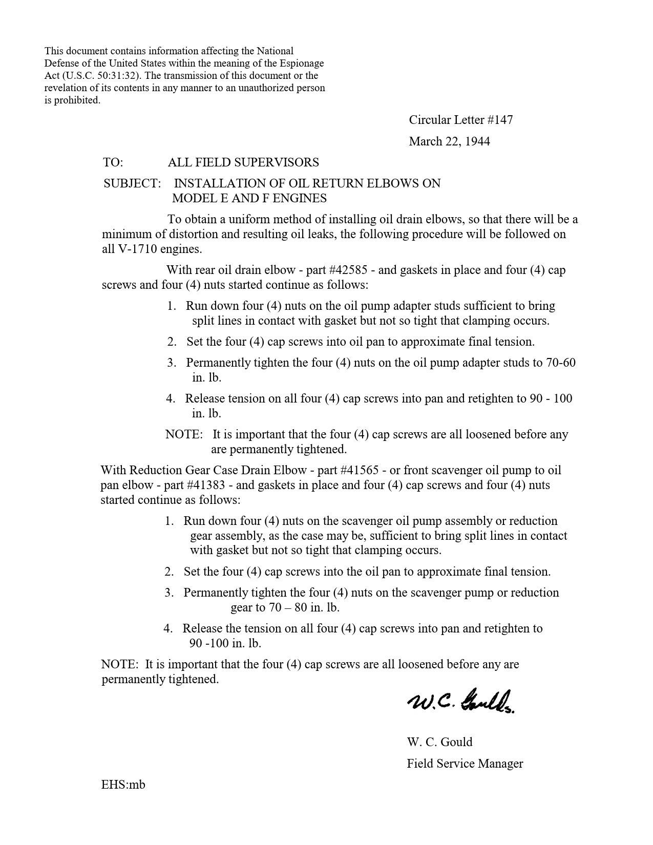 Sample page 1 from AirCorps Library document: Installation of Oil Return Elbows on Model E and F Engines