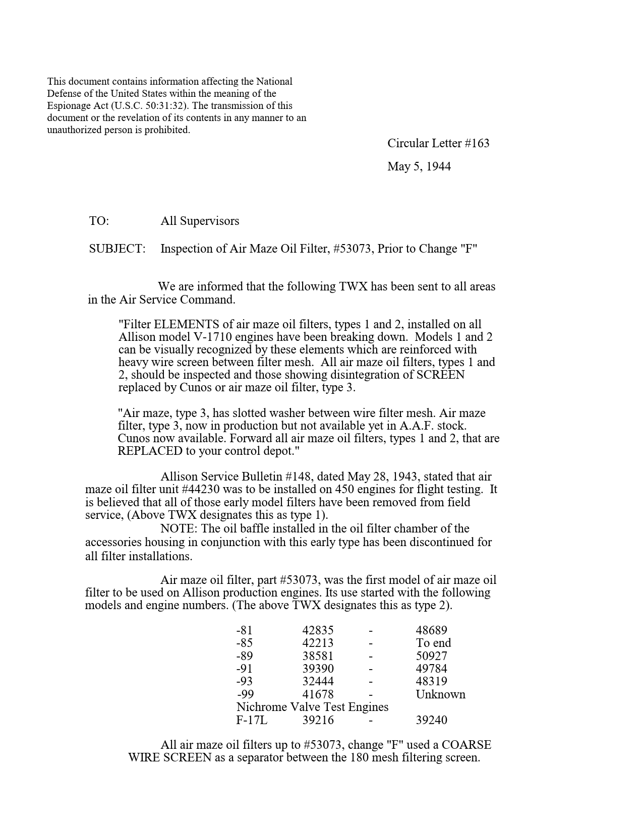 Sample page 1 from AirCorps Library document: Inspection of Air Maze Oil Filter, #53073, Prior to Change F