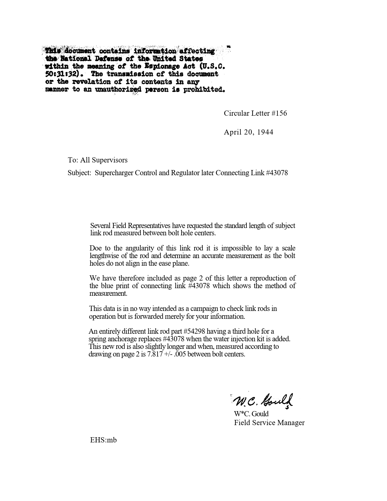 Sample page 1 from AirCorps Library document: Supercharger Control and Regulator Inter Connecting Link #43078