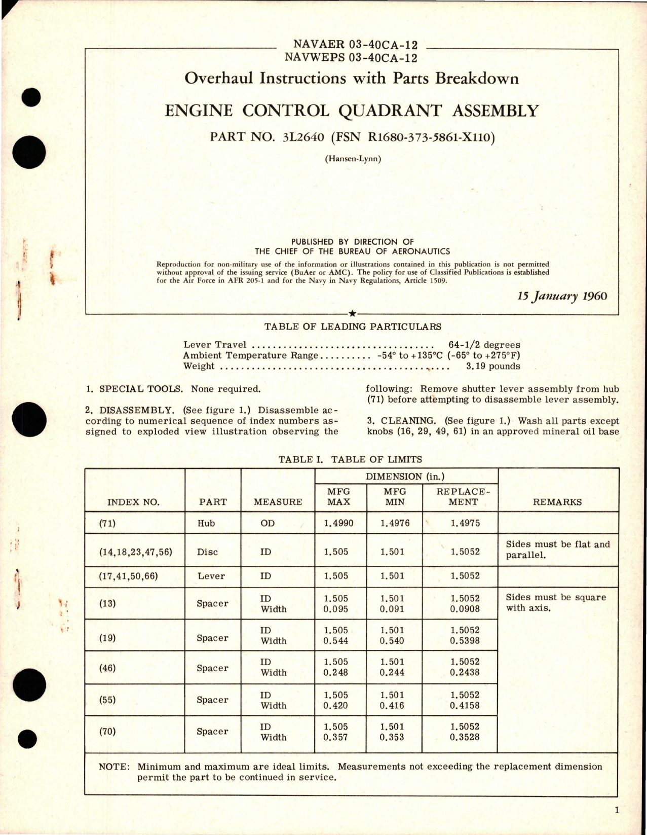 Sample page 1 from AirCorps Library document: Overhaul Instructions with Parts Breakdown for Engine Control Quadrant Assembly - Part 3L2640