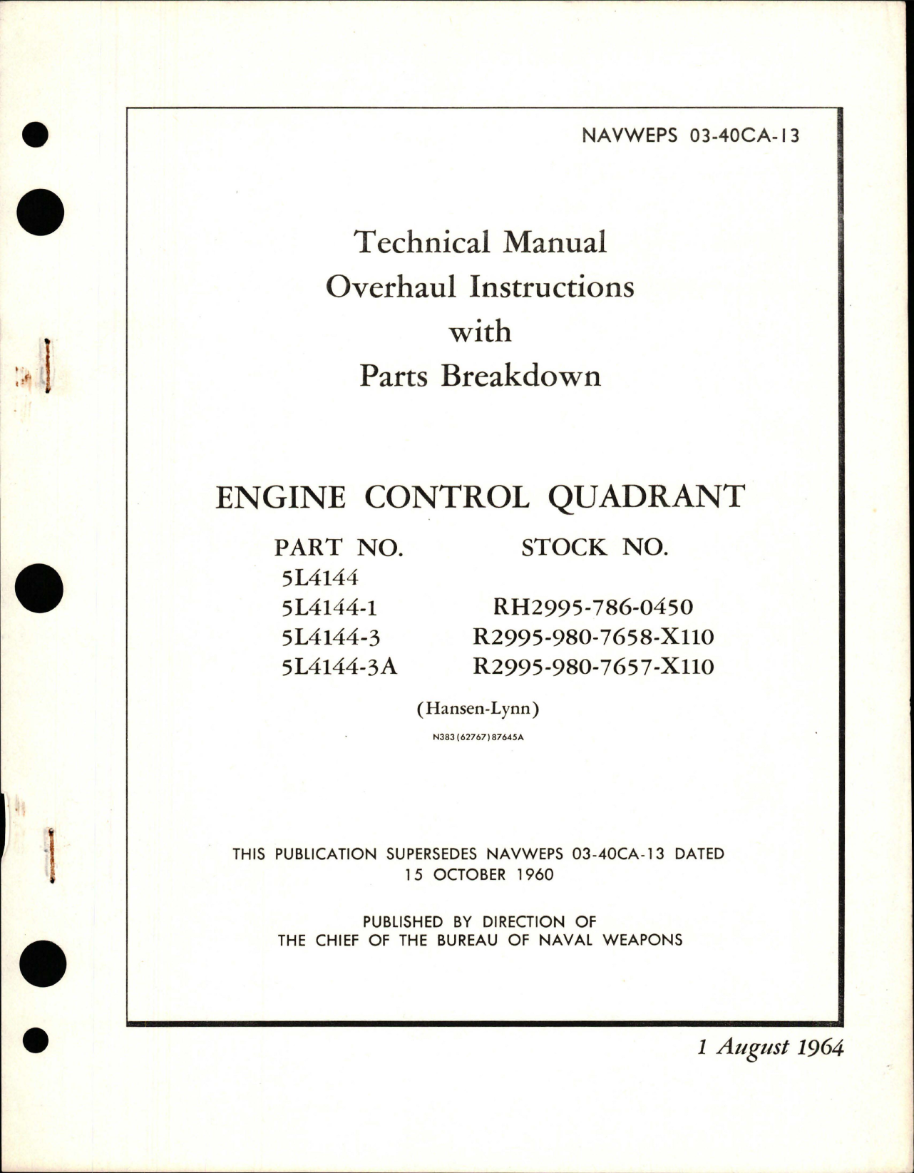Sample page 1 from AirCorps Library document: Overhaul Instructions with Parts Breakdown for Engine Control Quadrant - Parts 5L4144, 5L4144-1, 5L4144-3, and 5L4144-3A 
