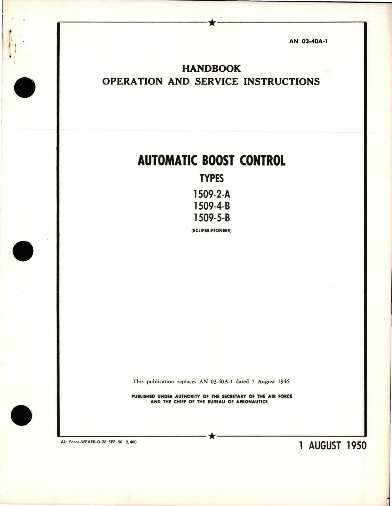 Sample page 1 from AirCorps Library document: Operation and Service Instructions for Automatic Boost Control - Types 1509-2-A, 1509-4-B, and 1509-5-B 