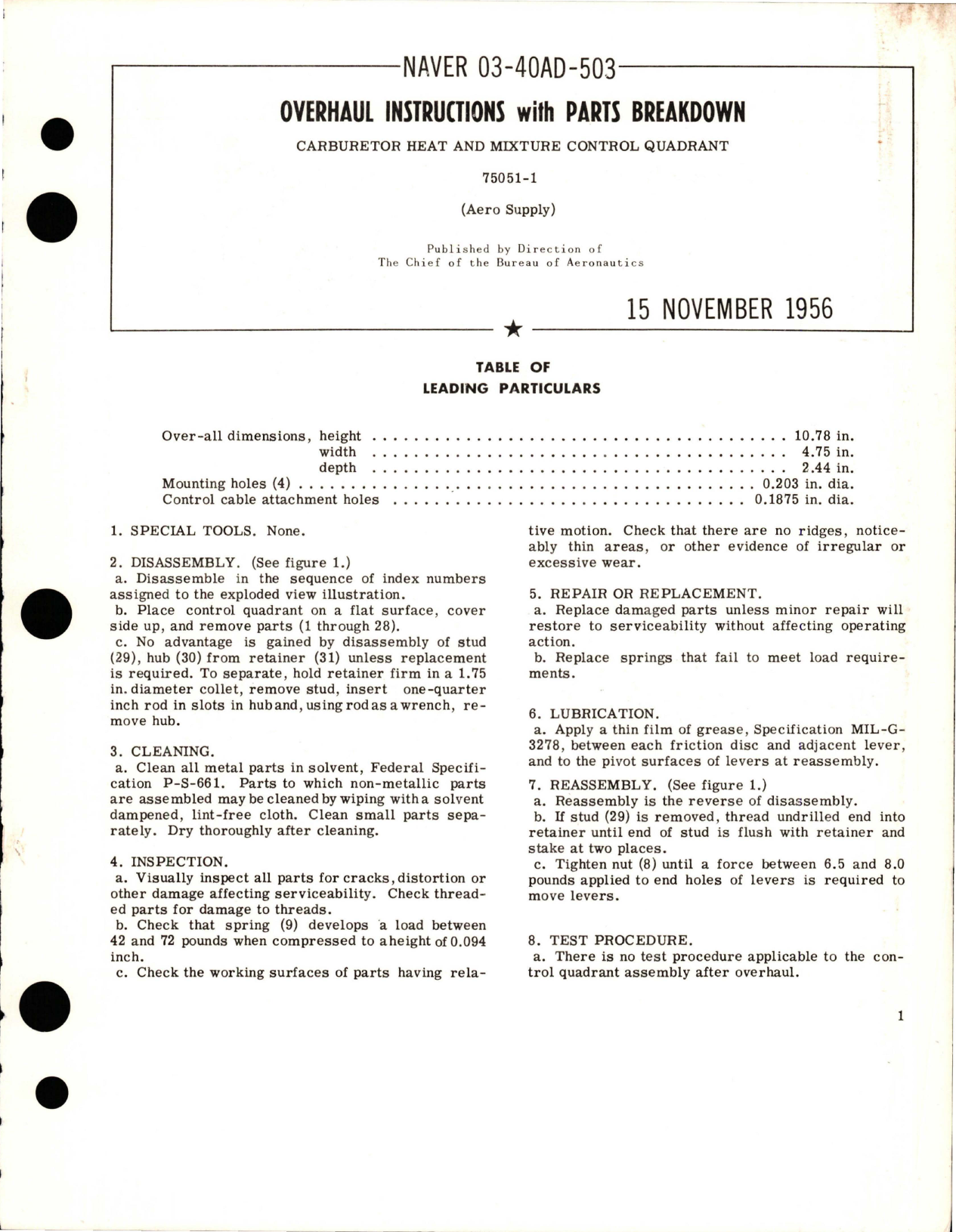 Sample page 1 from AirCorps Library document: Overhaul Instructions with Parts Breakdown for Carburetor Heat & Mixture Control Quadrant - 75051-1