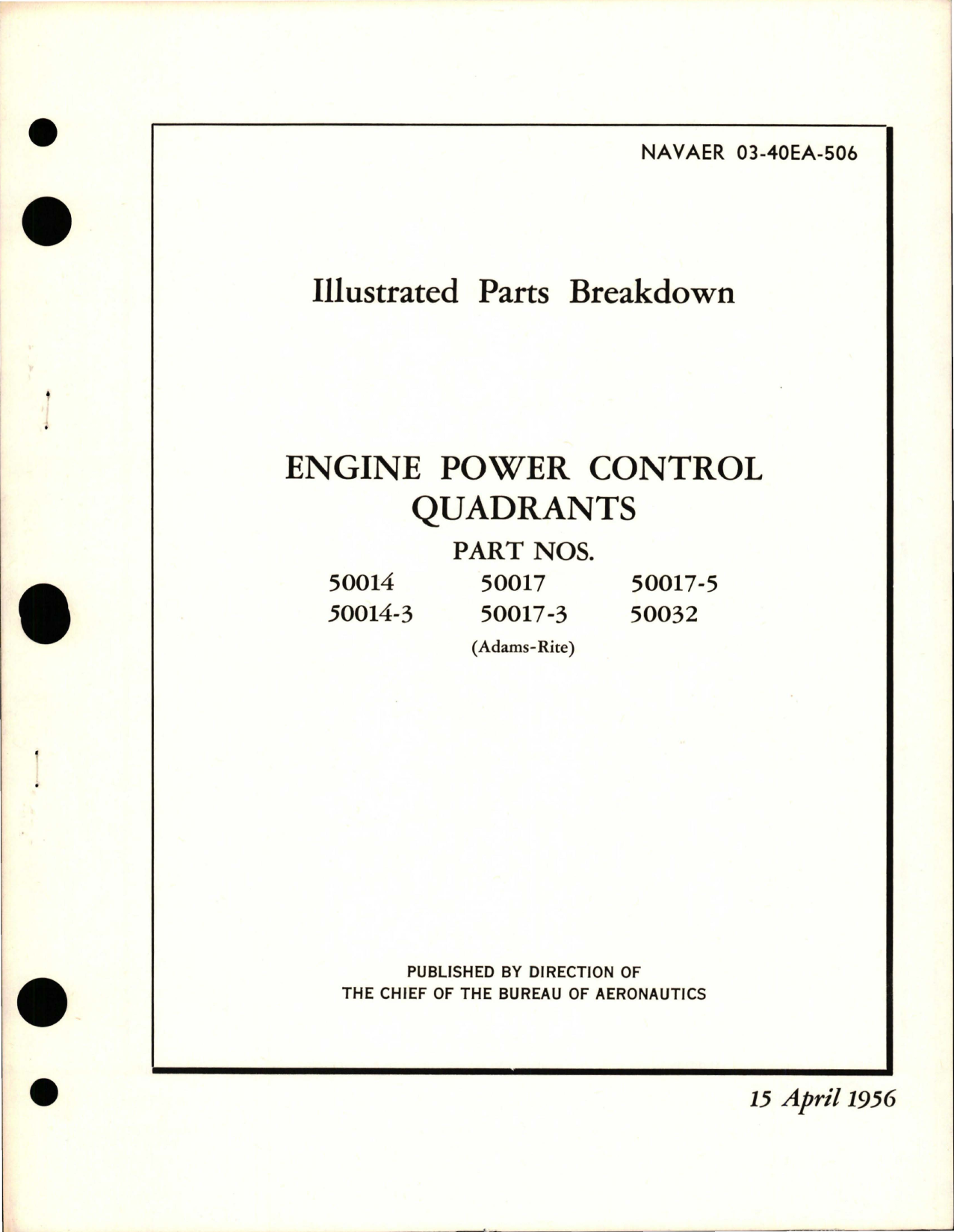 Sample page 1 from AirCorps Library document: Illustrated Parts Breakdown for Engine Power Control Quadrants - Parts 50014, 50014-3, 50017, 50017-3, 50017-5, and 50032