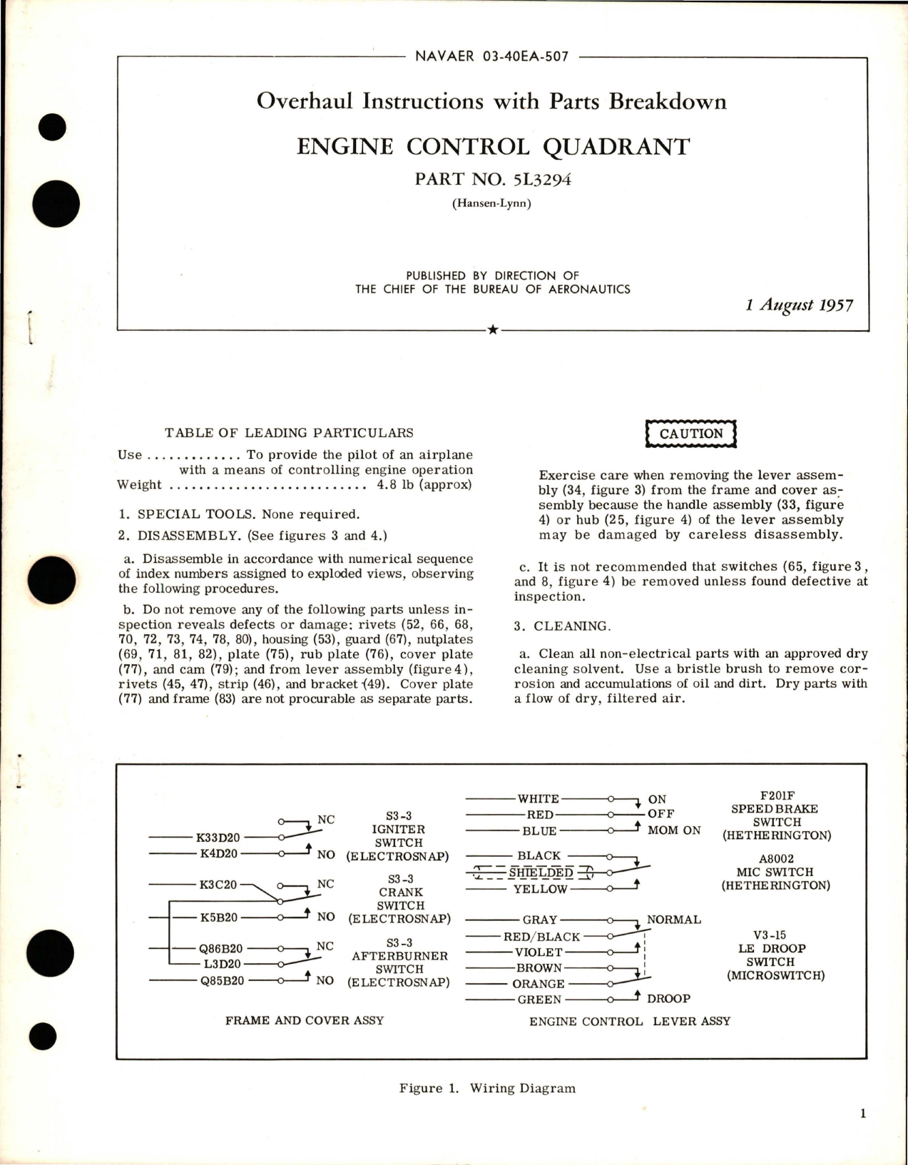 Sample page 1 from AirCorps Library document: Overhaul Instructions with Parts Breakdown for Engine Control Quadrant - Part 5L3294 
