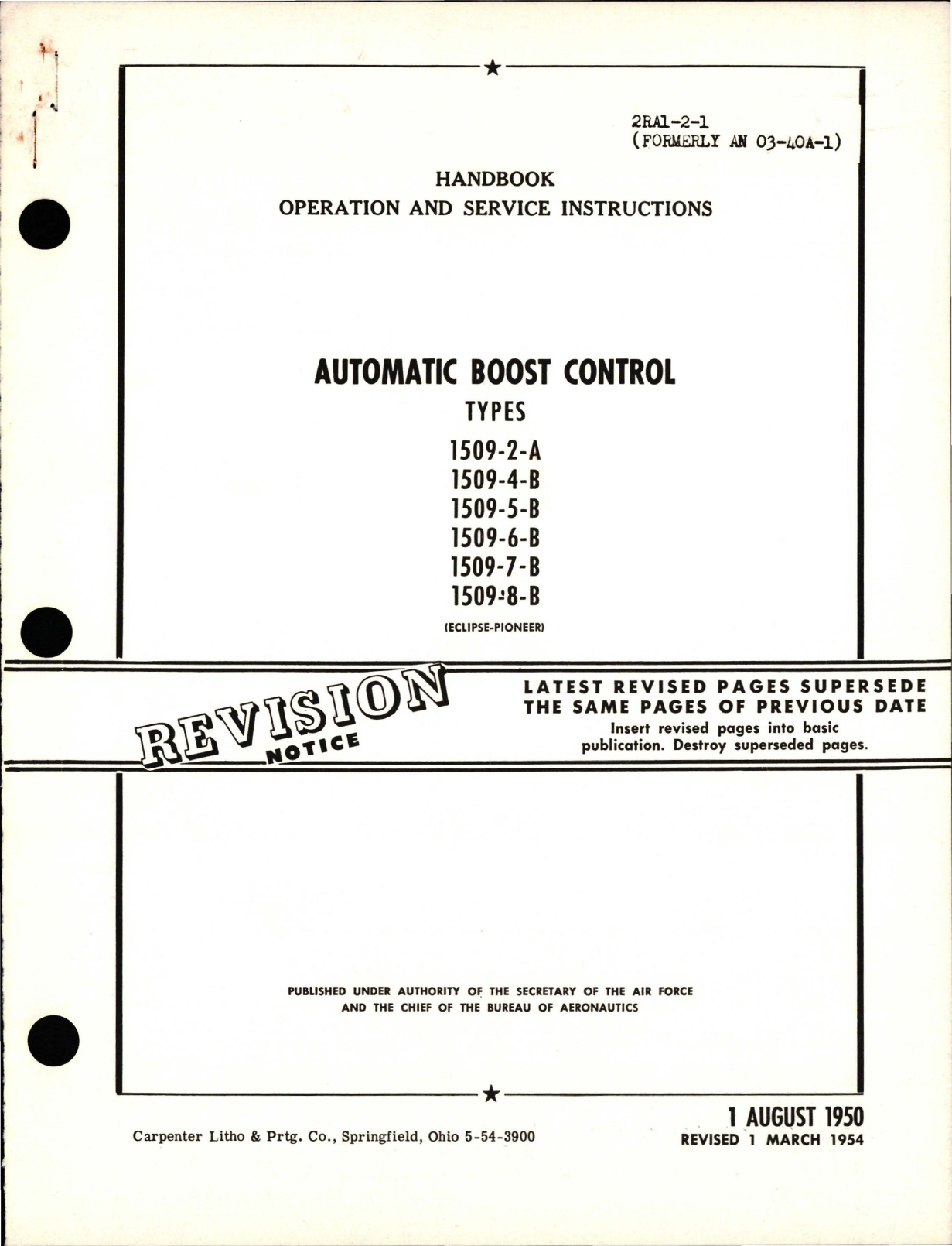 Sample page 1 from AirCorps Library document: Operation and Service Instructions for Automatic Boost Control - Types 1509-2-A, 1509-4-B, 1509-5-B, 1509-6-B, 1509-7-B, 1509-8-B
