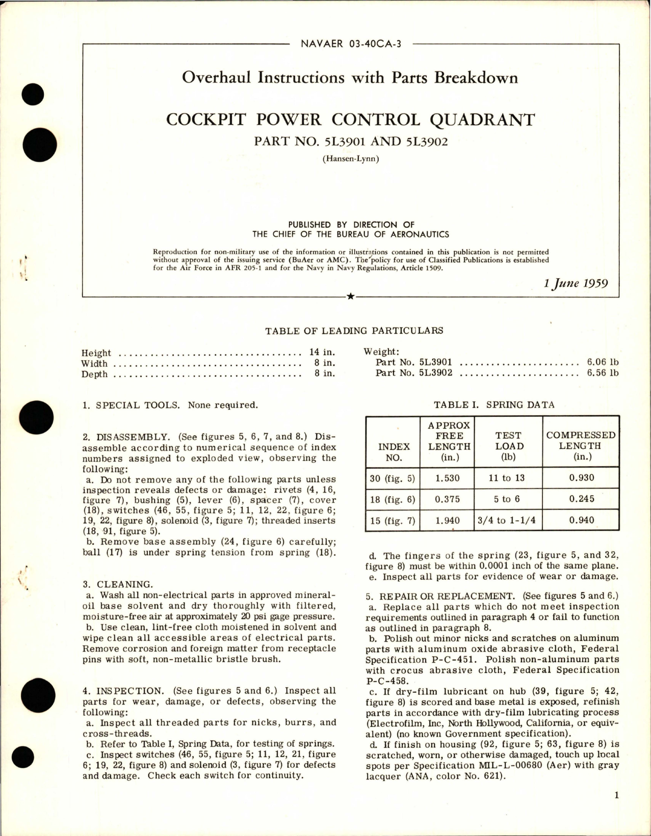 Sample page 1 from AirCorps Library document: Overhaul Instructions with Parts Breakdown for Cockpit Power Control Quadrant - Parts 5L3901 and 5L3902