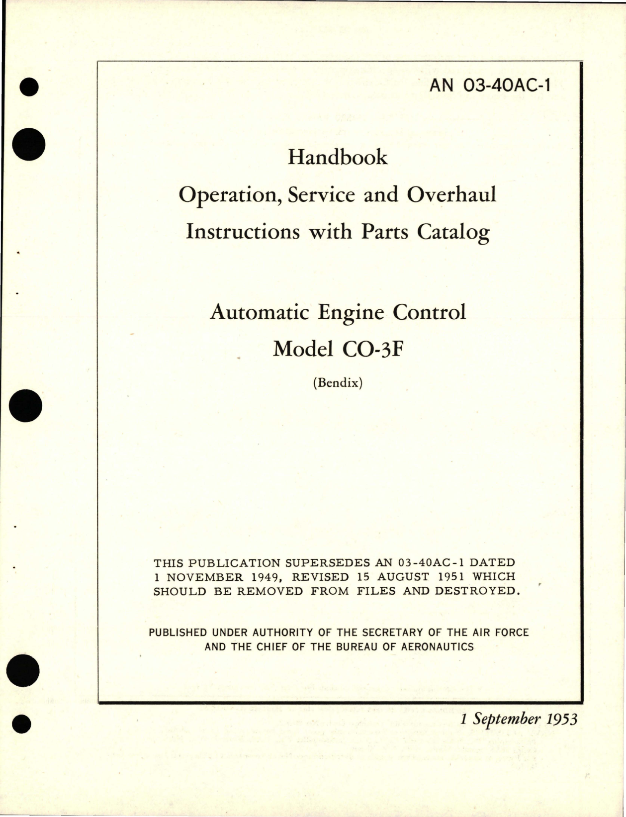 Sample page 1 from AirCorps Library document: Operation, Service and Overhaul Instructions with Parts Catalog for Automatic Engine Control - Model CO-3F 