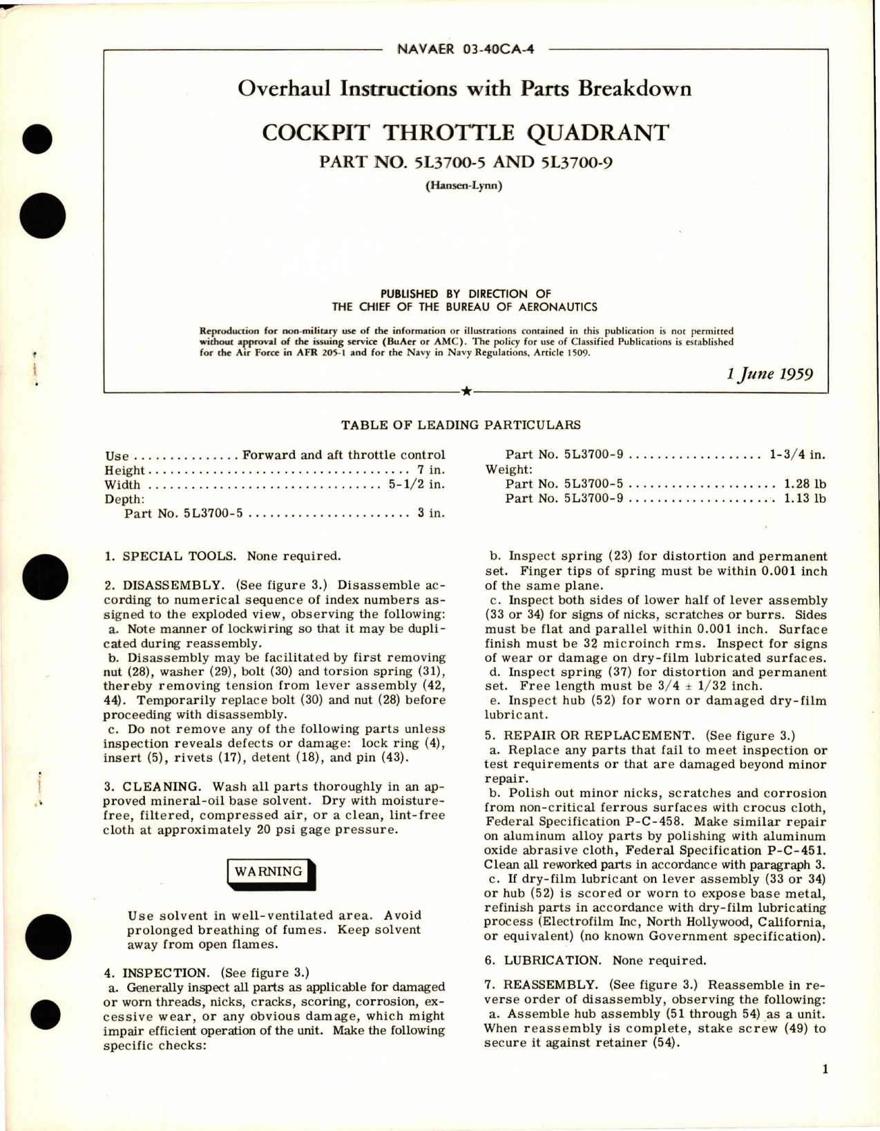 Sample page 1 from AirCorps Library document:  Overhaul Instructions with Parts Breakdown for Cockpit Throttle Quadrant - Parts 5L3700-5 and 5L3700-9 