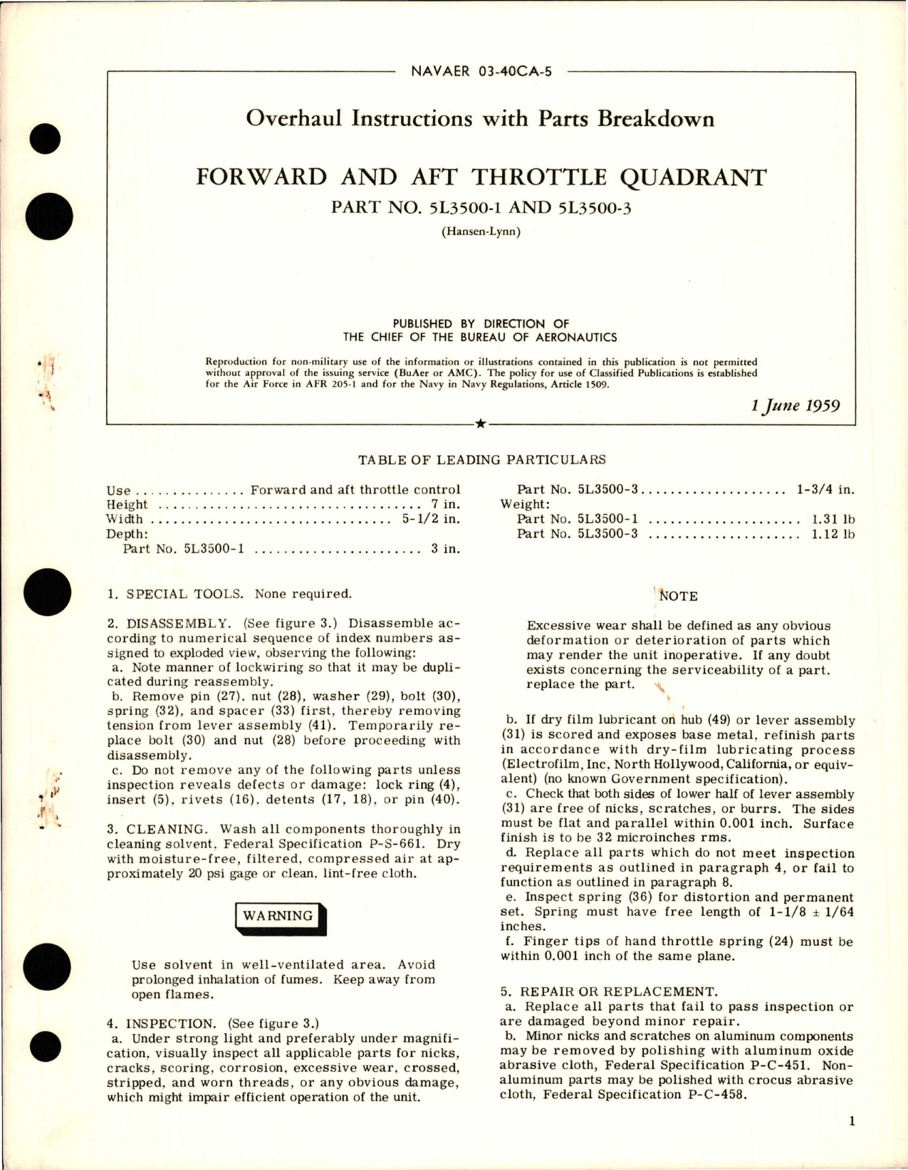 Sample page 1 from AirCorps Library document: Overhaul Instructions with Parts Breakdown for Forward and Aft Throttle Quadrant - Part 5L3500-1 and 5L3500-3