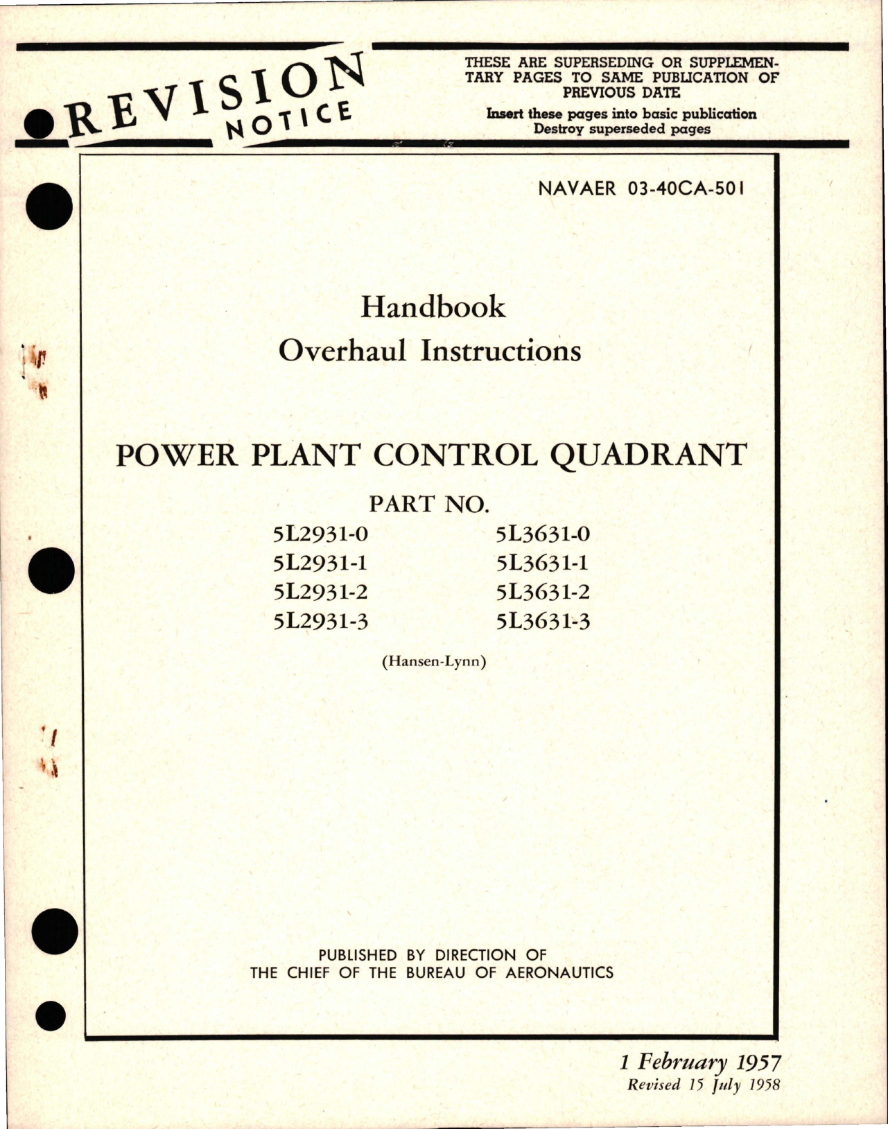 Sample page 1 from AirCorps Library document: Overhaul Instructions for Power Plant Control Quadrant - Parts 5L2931-0, 5L2931-1, 5L2931-2, 5L2931-3, 5L3631-0, 5L3631-1, 5L3631-2, and 5L3631-3