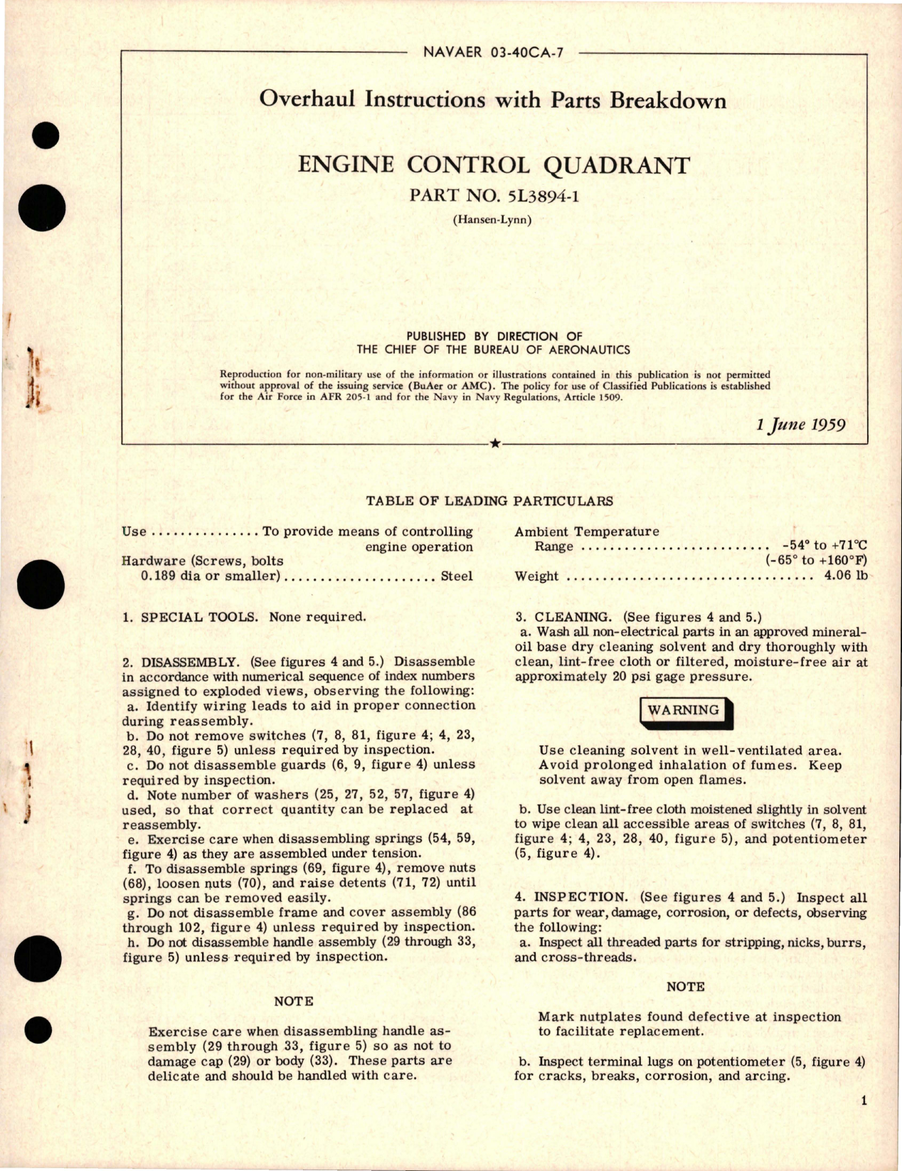 Sample page 1 from AirCorps Library document: Overhaul Instructions with Parts Breakdown for Engine Control Quadrant - Part 5L3894-1