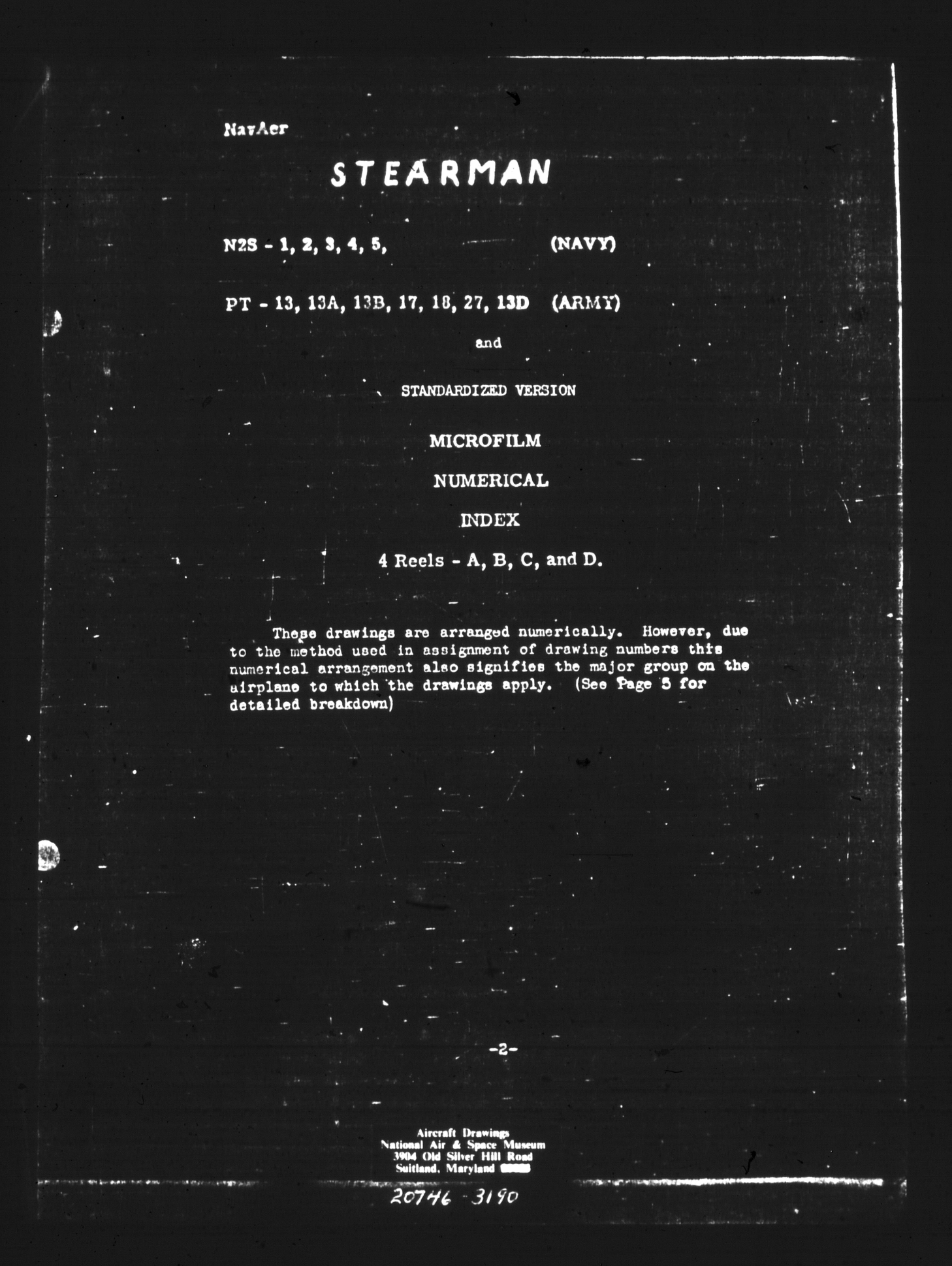 Sample page 1 from AirCorps Library document: Microfilm Numerical Index for N2s-1, -2, -3, -4, -5, and PT-13, -13A, -13B, -17, -18, -27. and -13D