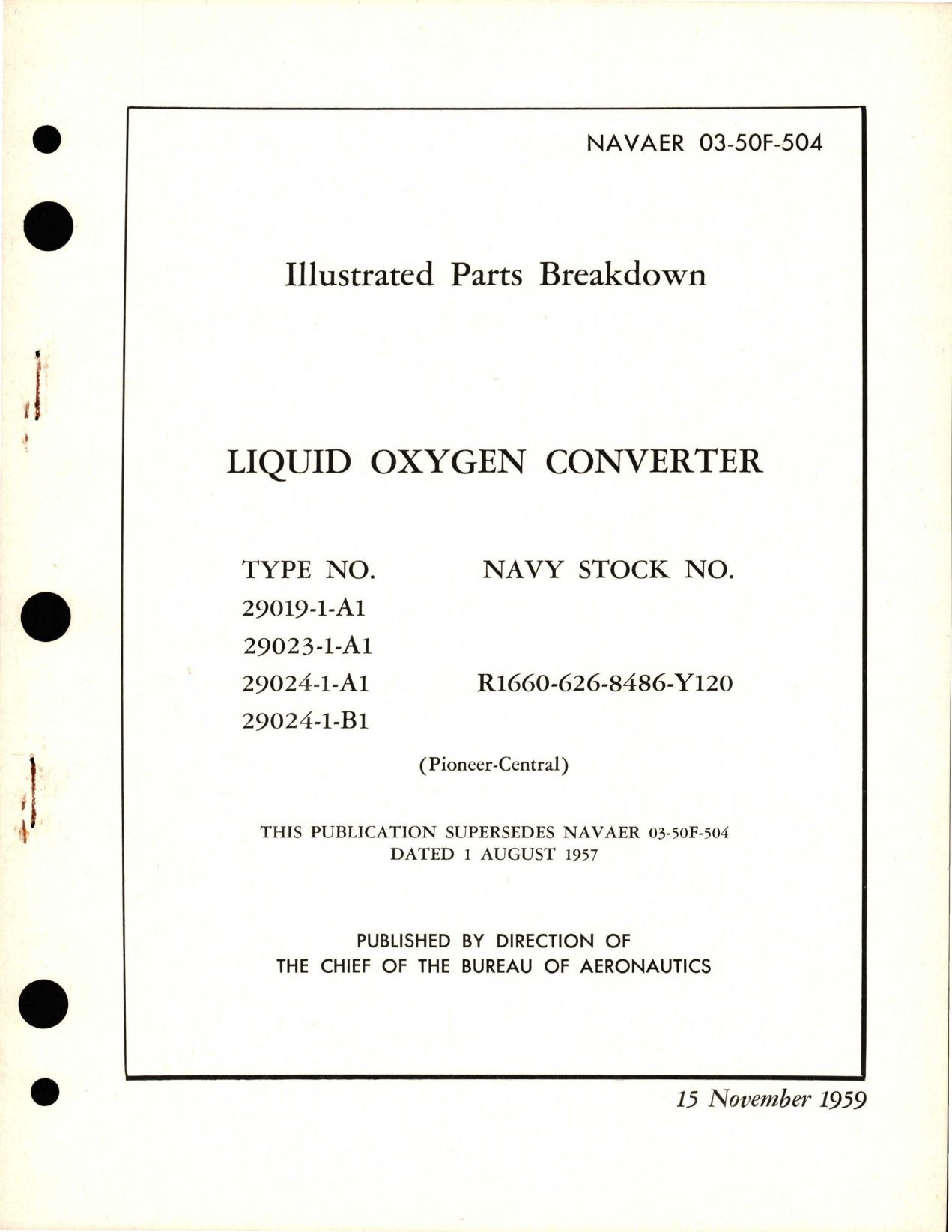 Sample page 1 from AirCorps Library document: Illustrated Parts Breakdown for Liquid Oxygen Converter - Type - 29019-1-A1, 29023-1-A1, 29024-1-A1, and 29024-1-B1