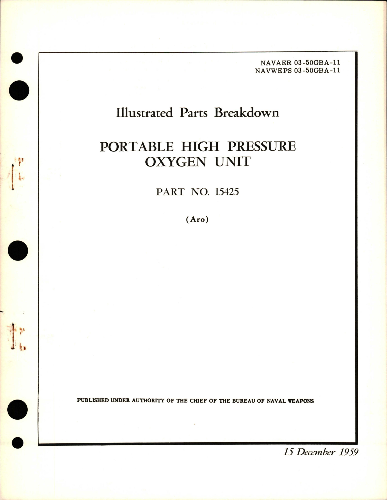 Sample page 1 from AirCorps Library document: Illustrated Parts Breakdown for Portable High Pressure Oxygen Unit - Part 15425 