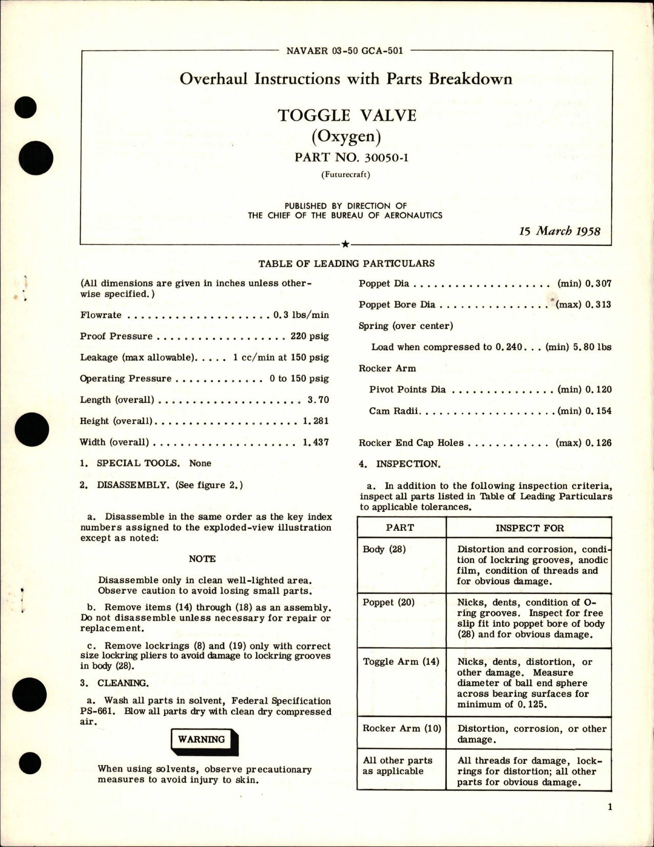 Sample page 1 from AirCorps Library document: Oxygen Toggle Valve - Part 30050-1 