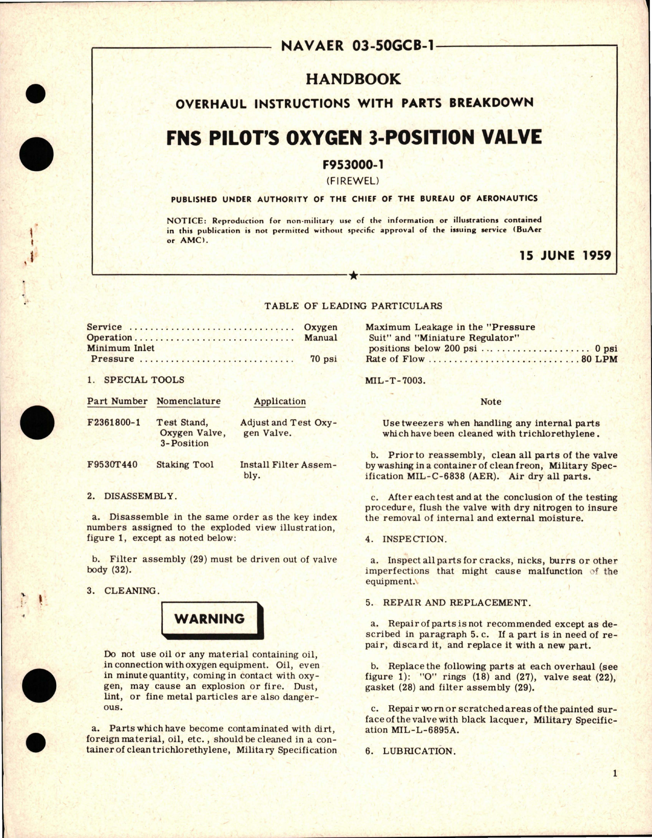 Sample page 1 from AirCorps Library document: Overhaul Instructions with Parts Breakdown for FNS Pilot's Oxygen 3-Position Valve - F953000-1 
