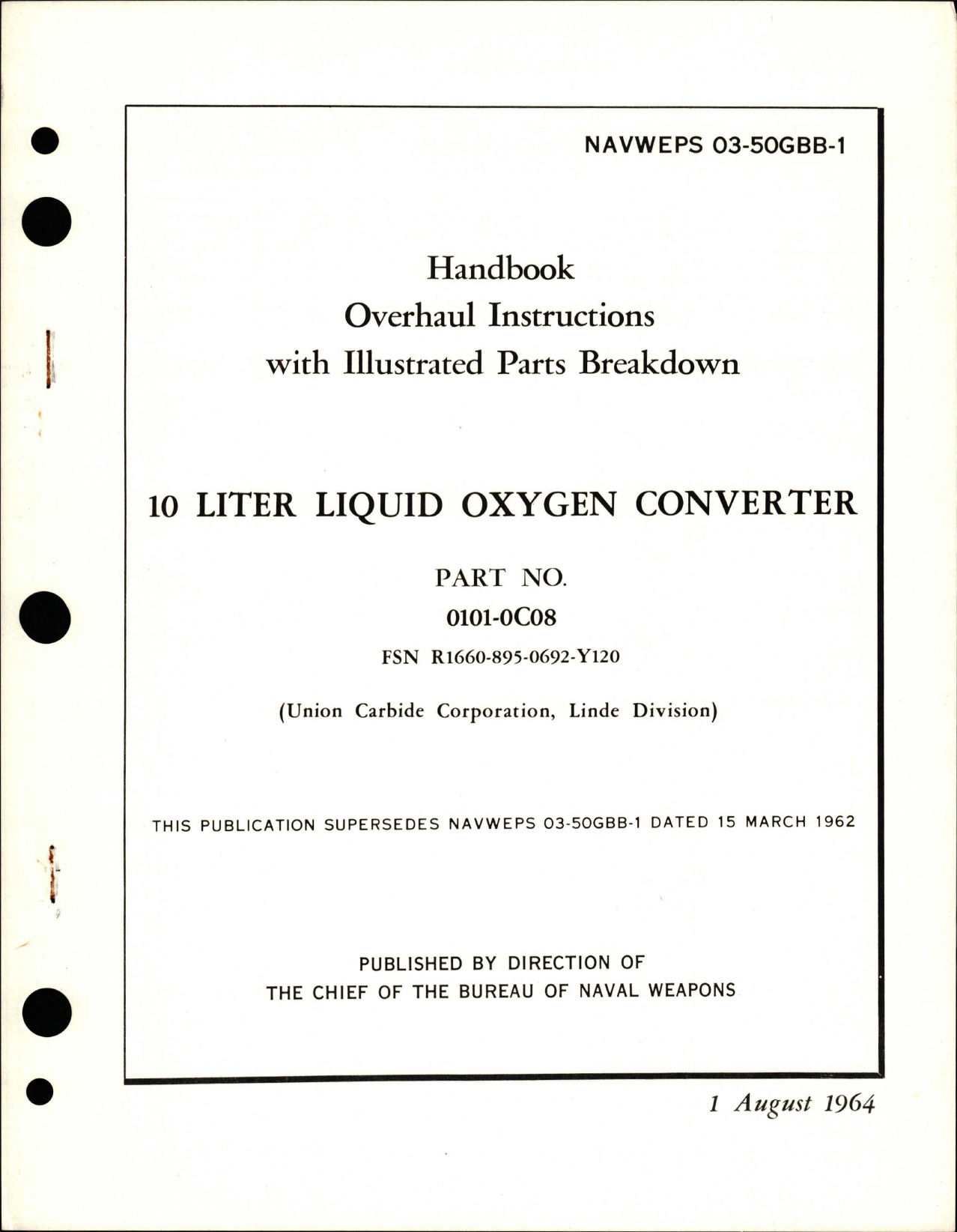Sample page 1 from AirCorps Library document: Overhaul Instructions with Illustrated Parts Breakdown for 10 Liter Liquid Oxygen Converter - Part 0101-0C08 