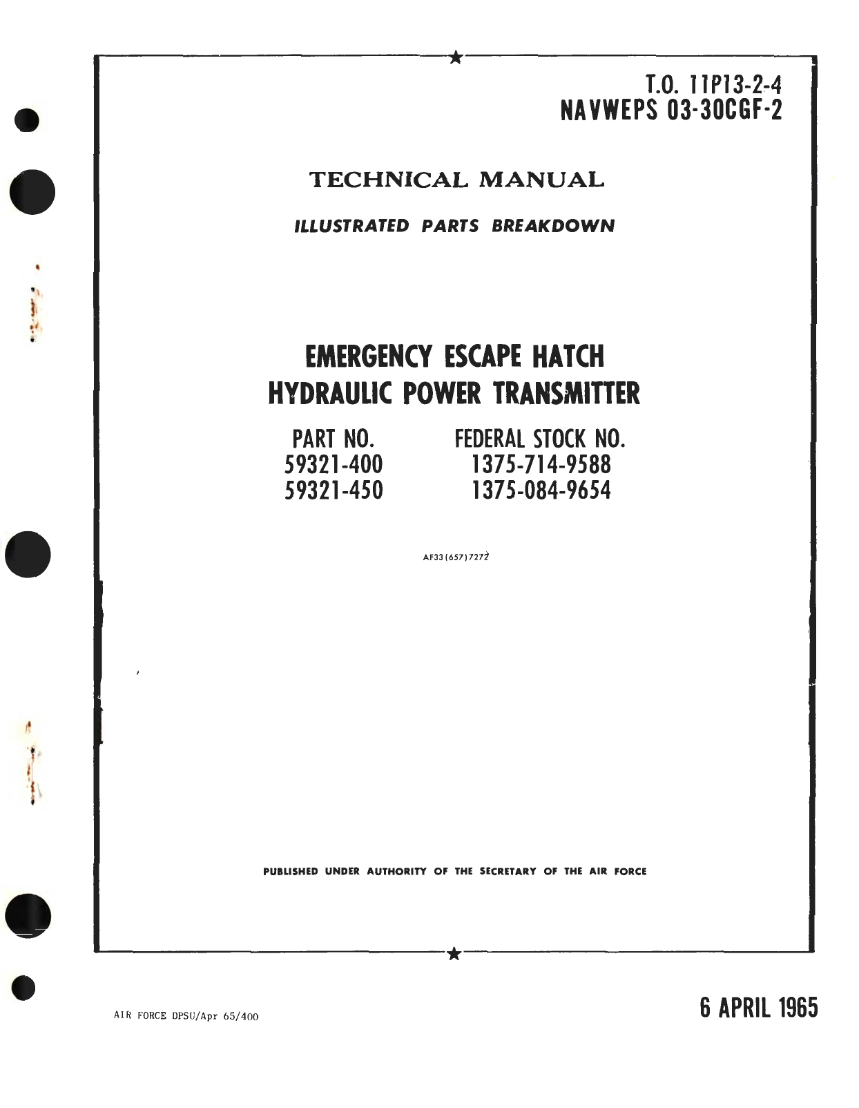 Sample page 1 from AirCorps Library document: Illustrated Parts Breakdown for Emergency Escape Hatch Hydraulic Power Transmitter Part No. 59321