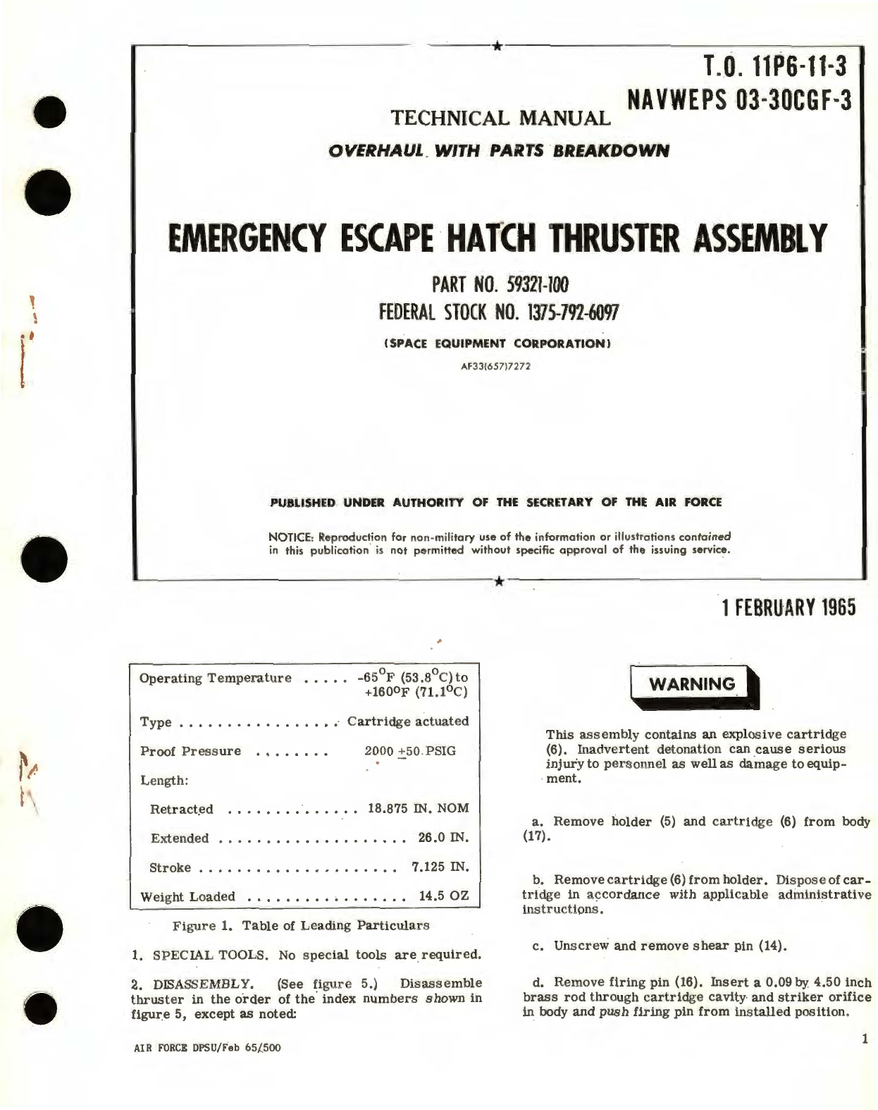 Sample page 1 from AirCorps Library document: Overhaul Instructions with Parts Breakdown for Emergency Escape Hatch Thruster Assembly Part No. 59321-100