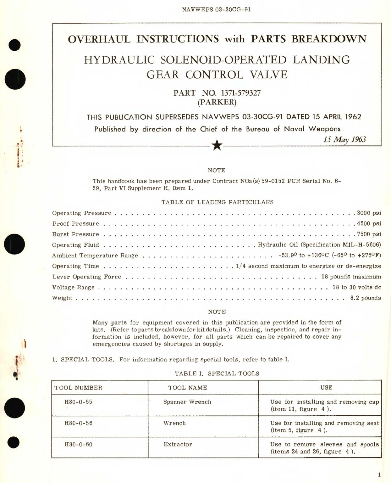 Sample page 1 from AirCorps Library document: Overhaul Instructions with Parts Breakdown Hydraulic Solenoid-Operated Landing Gear Control Valve Part No. 1371-579327 