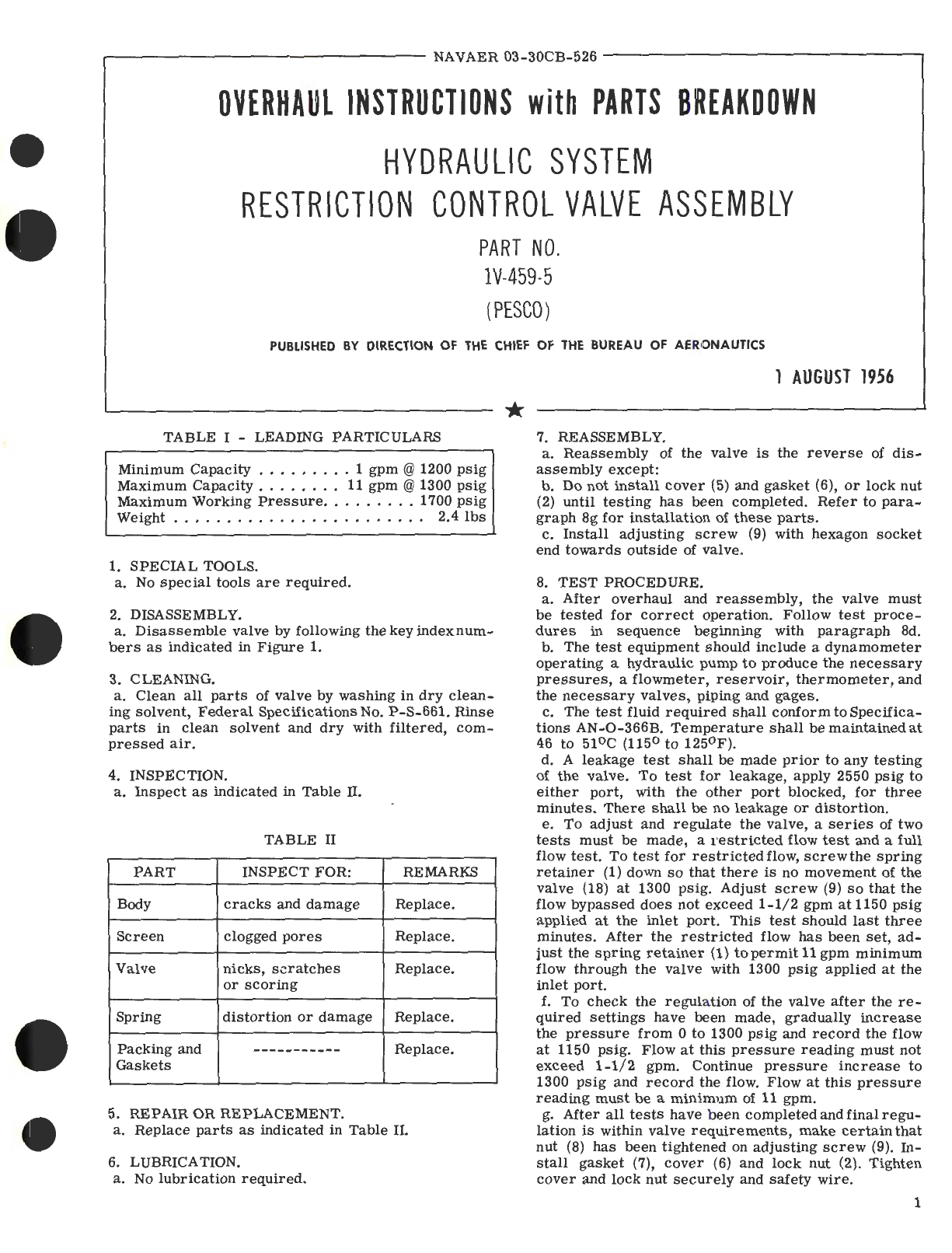 Sample page 1 from AirCorps Library document: Overhaul Instructions with Parts Breakdown for Hydraulic System Restriction Control Valve Assembly Part No. 1V-459-5 