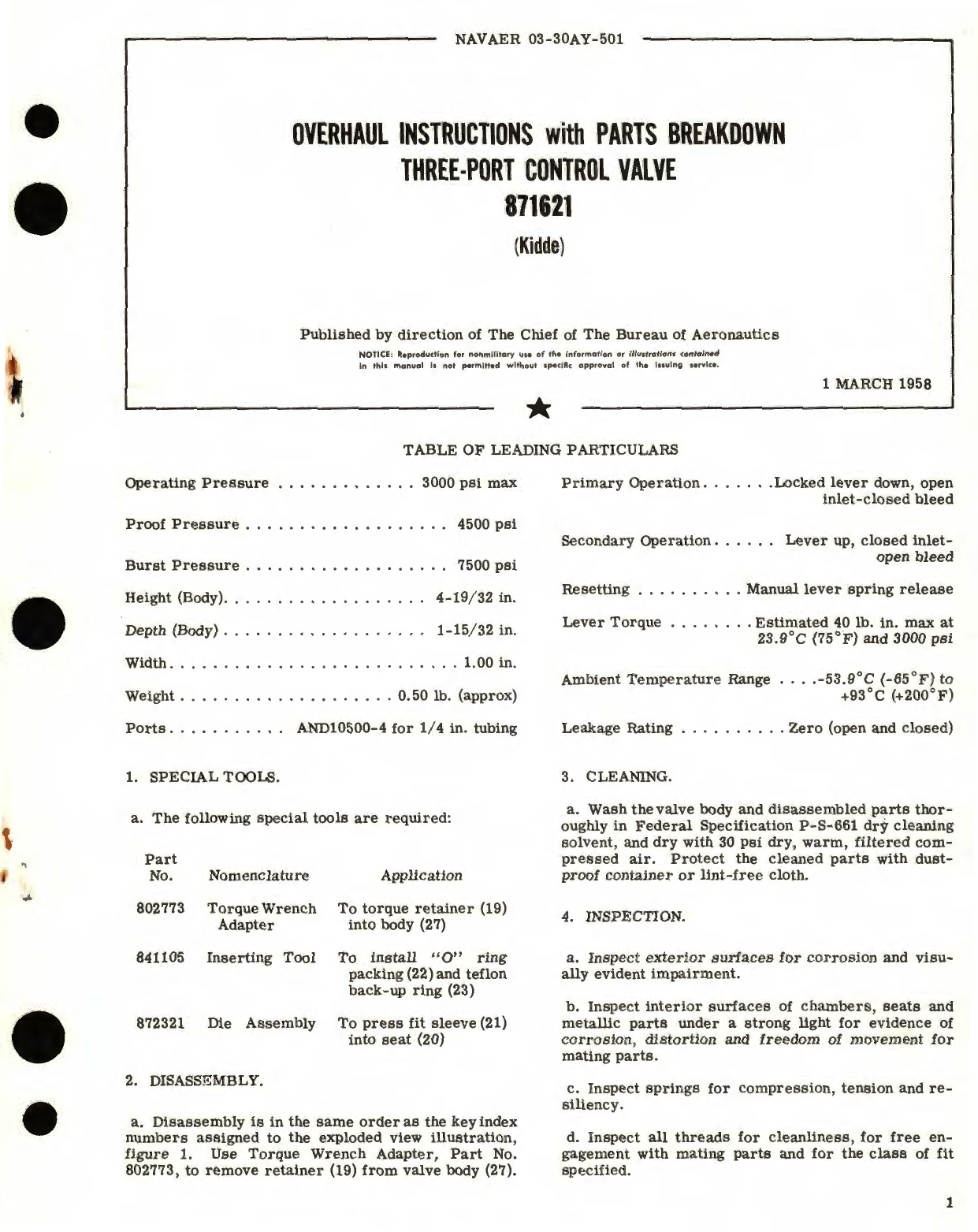 Sample page 1 from AirCorps Library document: Overhaul Instructions with Parts Breakdown for Three-Port Control Valve Part No. 871621