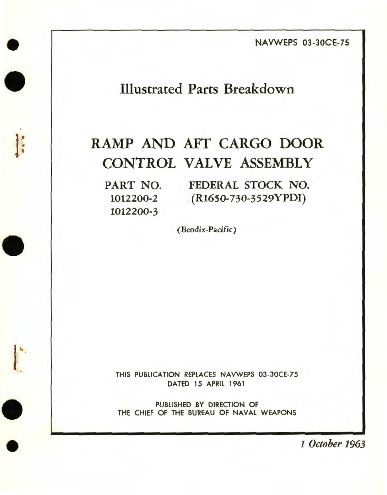 Sample page 1 from AirCorps Library document: Illustrated Parts Breakdown for Ramp and AFT Cargo Door Control Valve Assembly Part No. 1012200