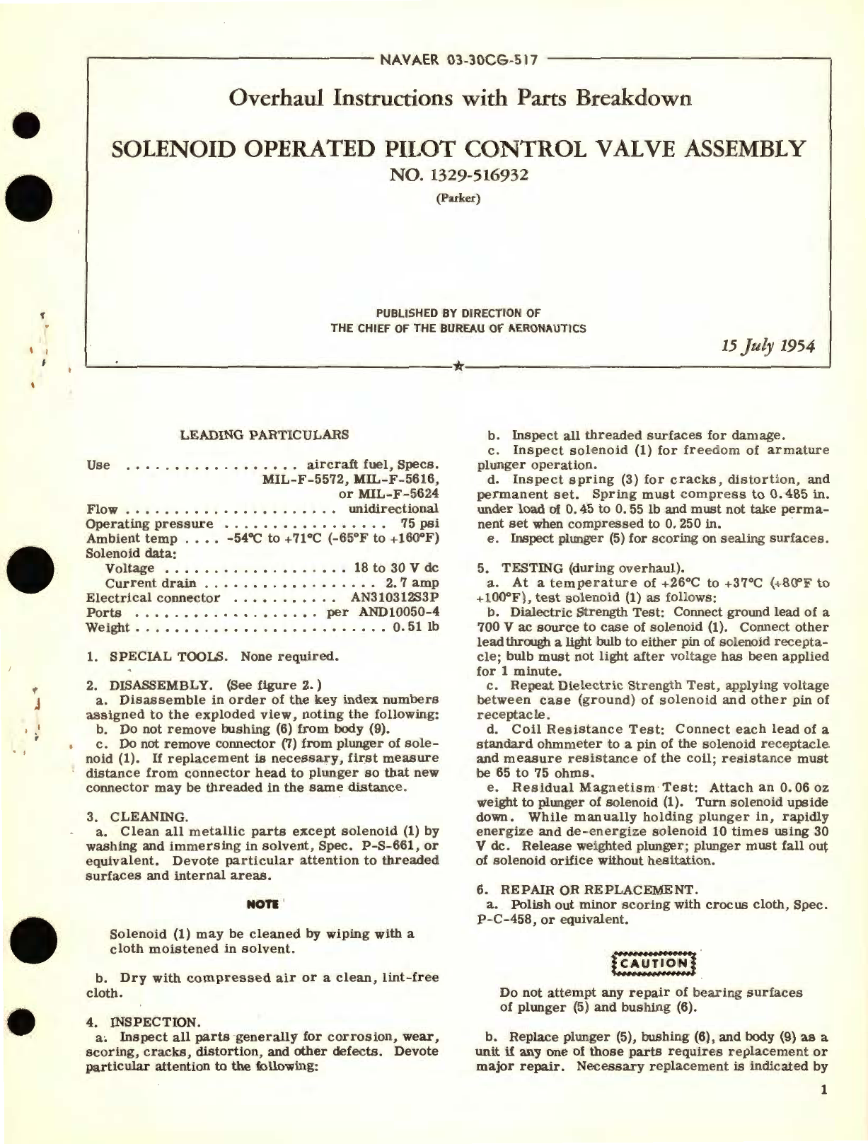 Sample page 1 from AirCorps Library document: Overhaul Instructions with Parts Breakdown for Solenoid Operated Pilot Control Valve Assembly Part No. 1329