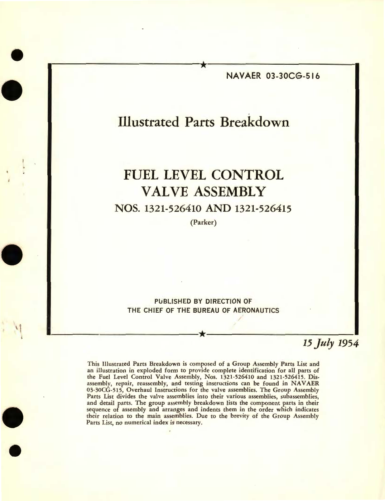 Sample page 1 from AirCorps Library document: Illustrated Parts Breakdown for Fuel Level Control Valve Assembly Part No. 1321