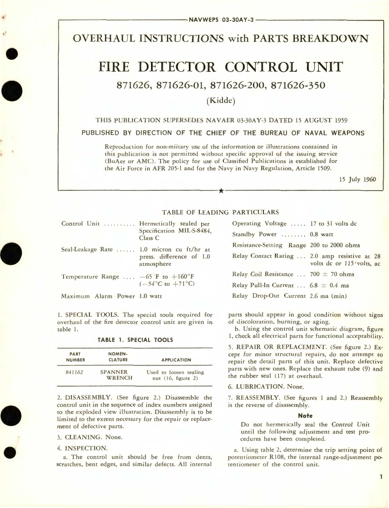 Sample page 1 from AirCorps Library document: Overhaul Instructions with Parts Breakdown for Fire Detector Control Unit Part No. 871626 