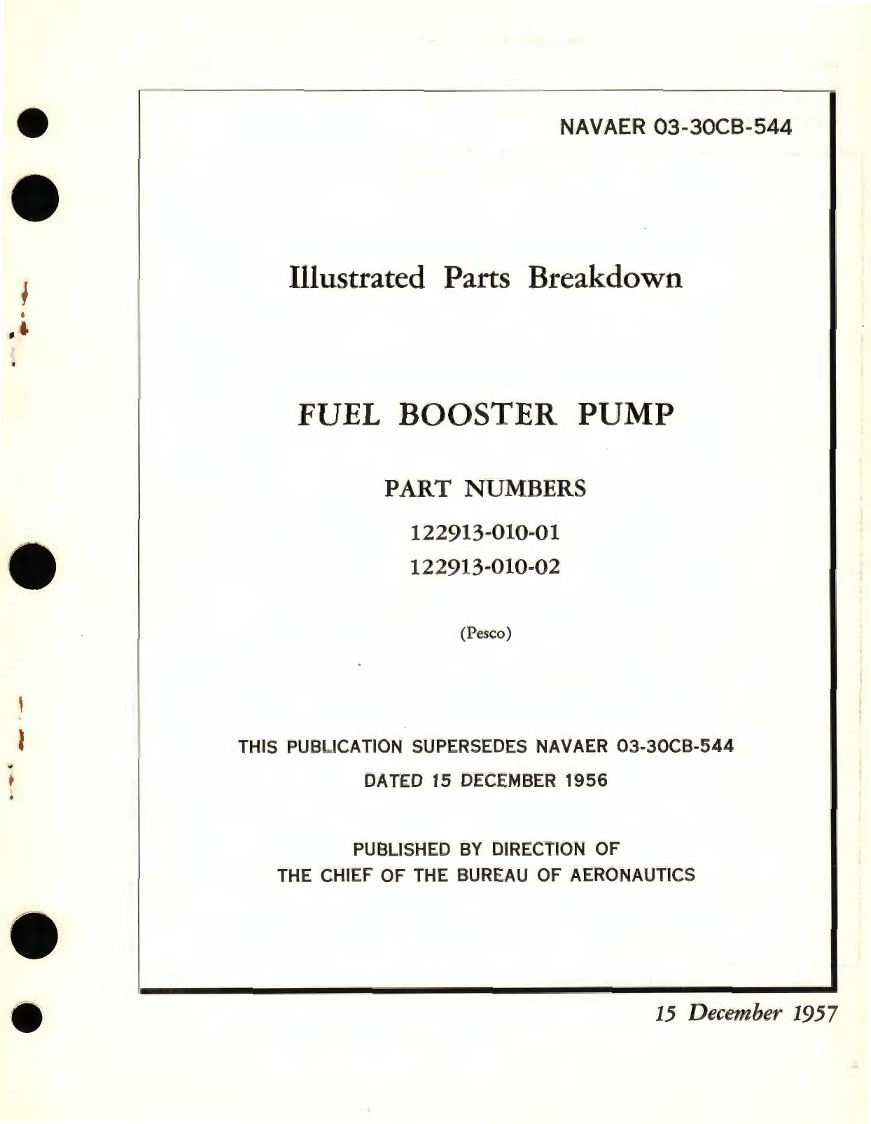 Sample page 1 from AirCorps Library document: Illustrated Parts Breakdown for Fuel Booster Pump Part No. 122913 