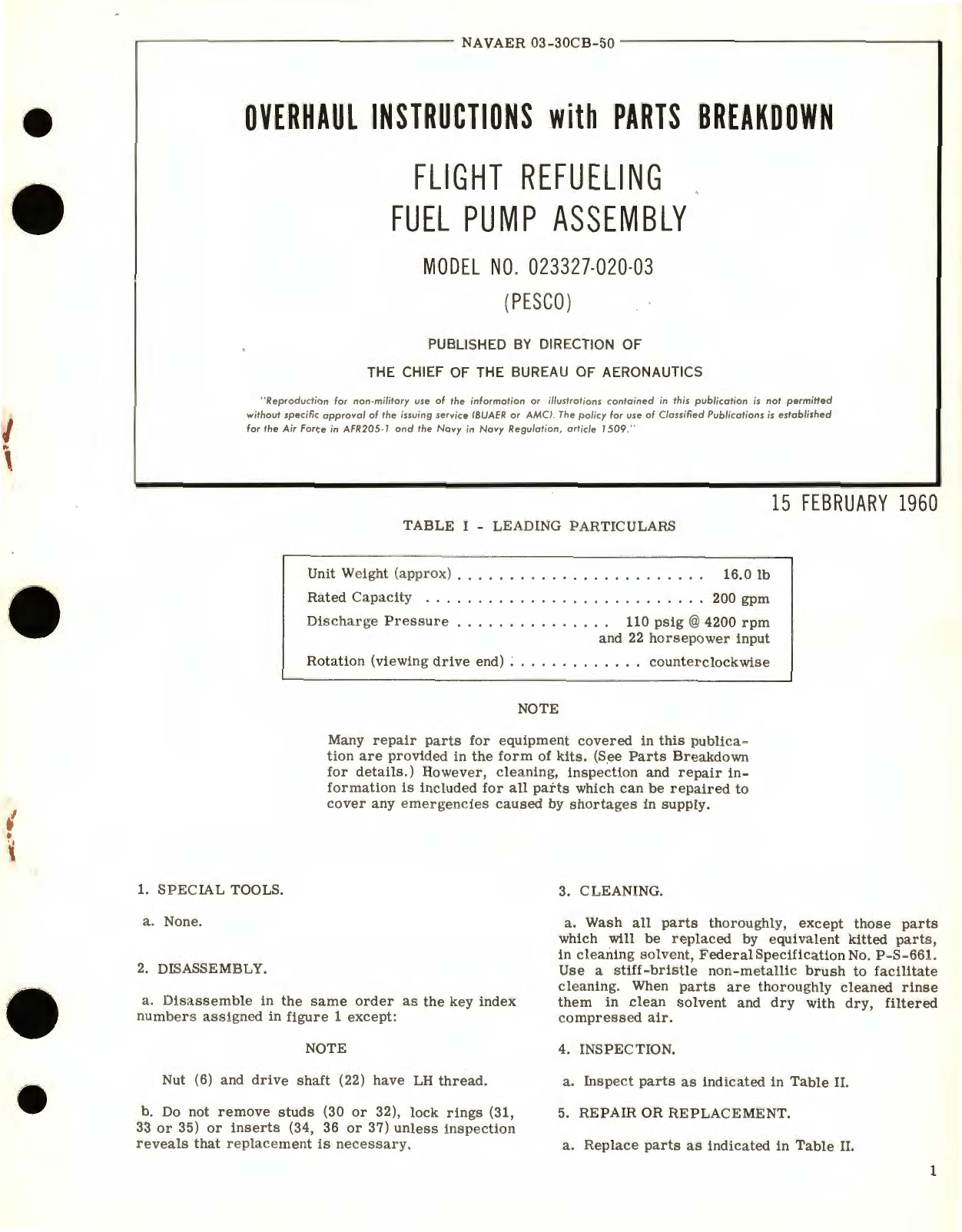 Sample page 1 from AirCorps Library document: Overhaul Instructions with Parts Breakdown for Flight Refueling Fuel Pump Assembly Model No. 023327-020-03 